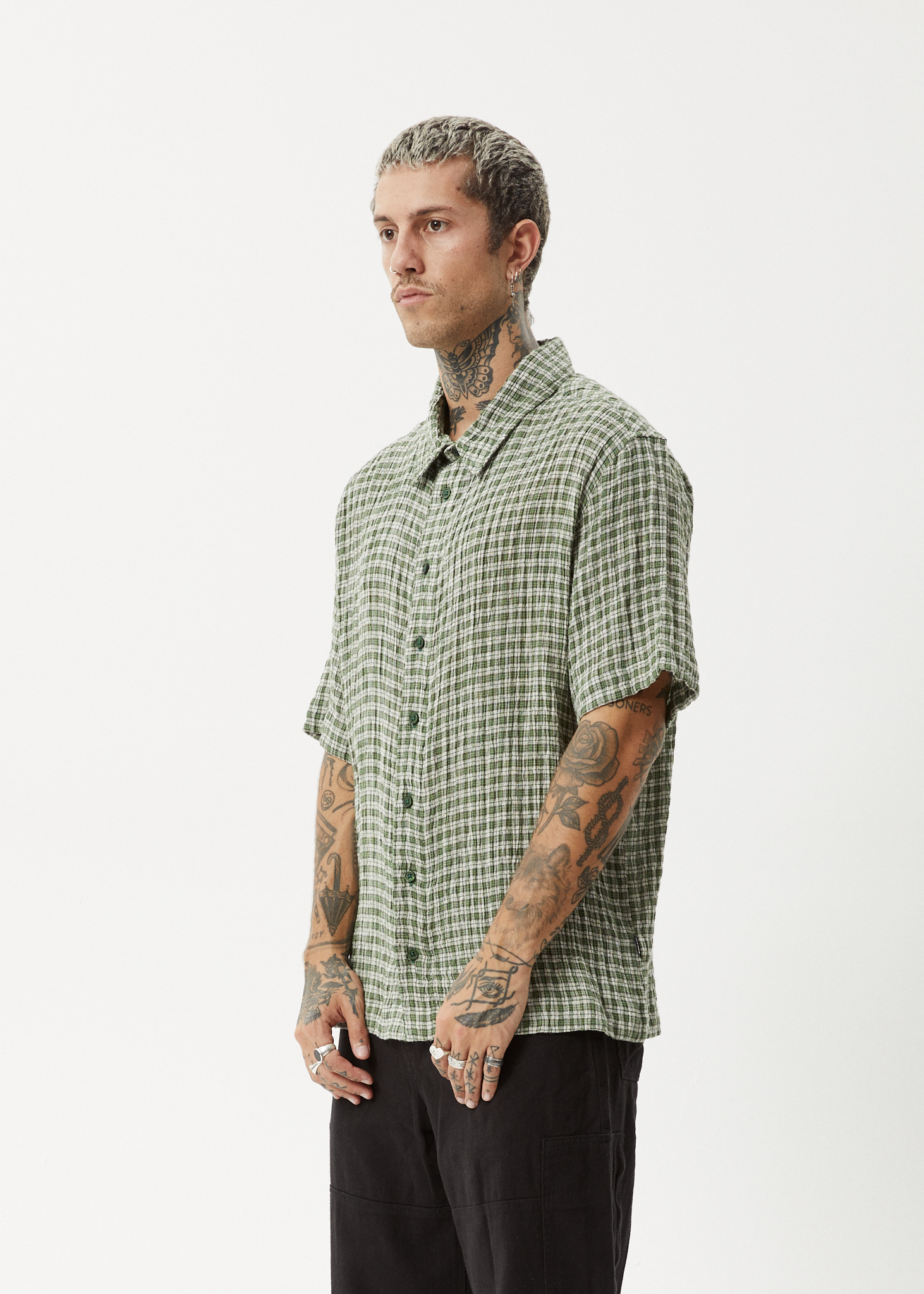 AFENDS Mens Base - Seersucker Short Sleeve Shirt - Deep Green Check