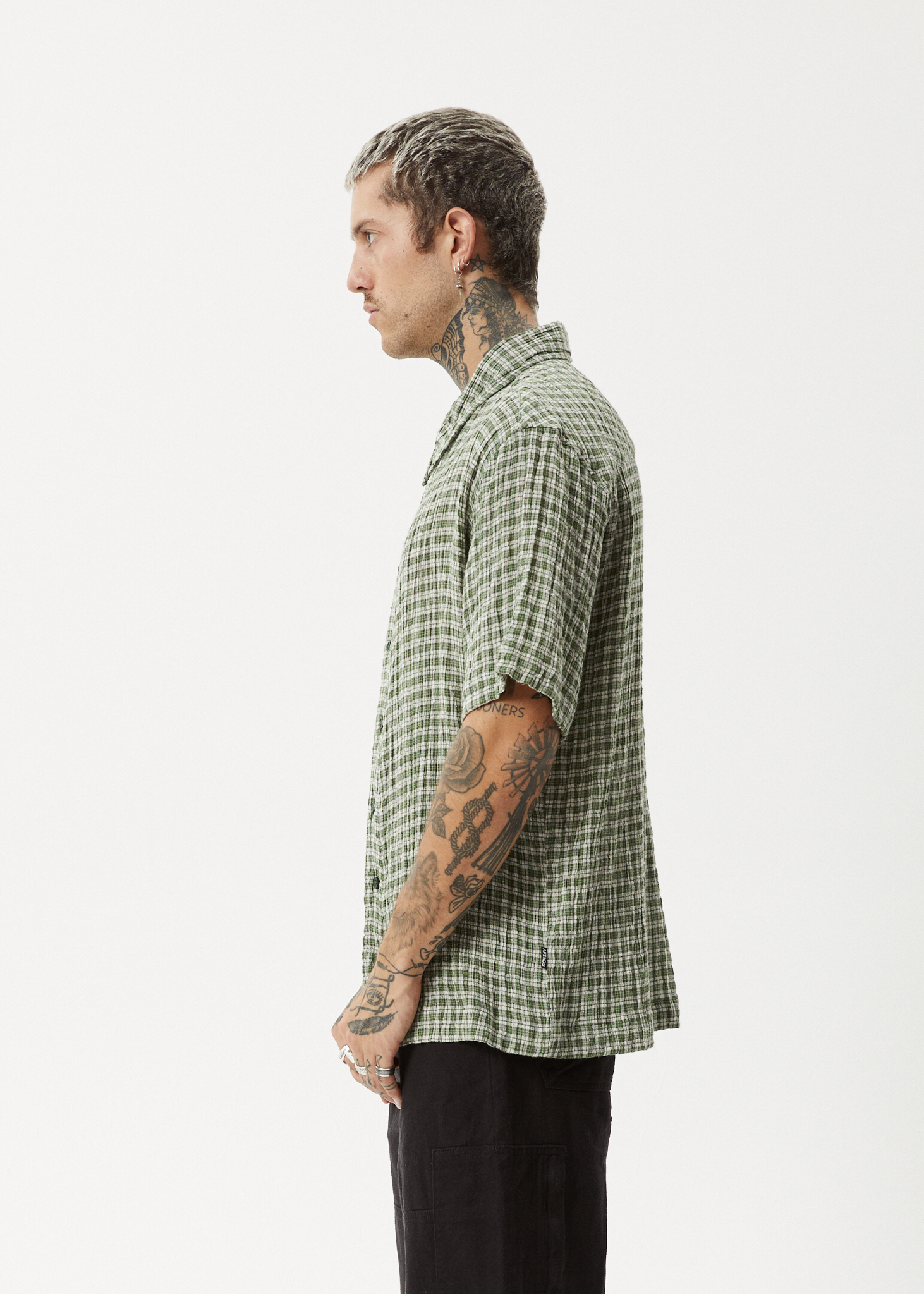 AFENDS Mens Base - Seersucker Short Sleeve Shirt - Deep Green Check