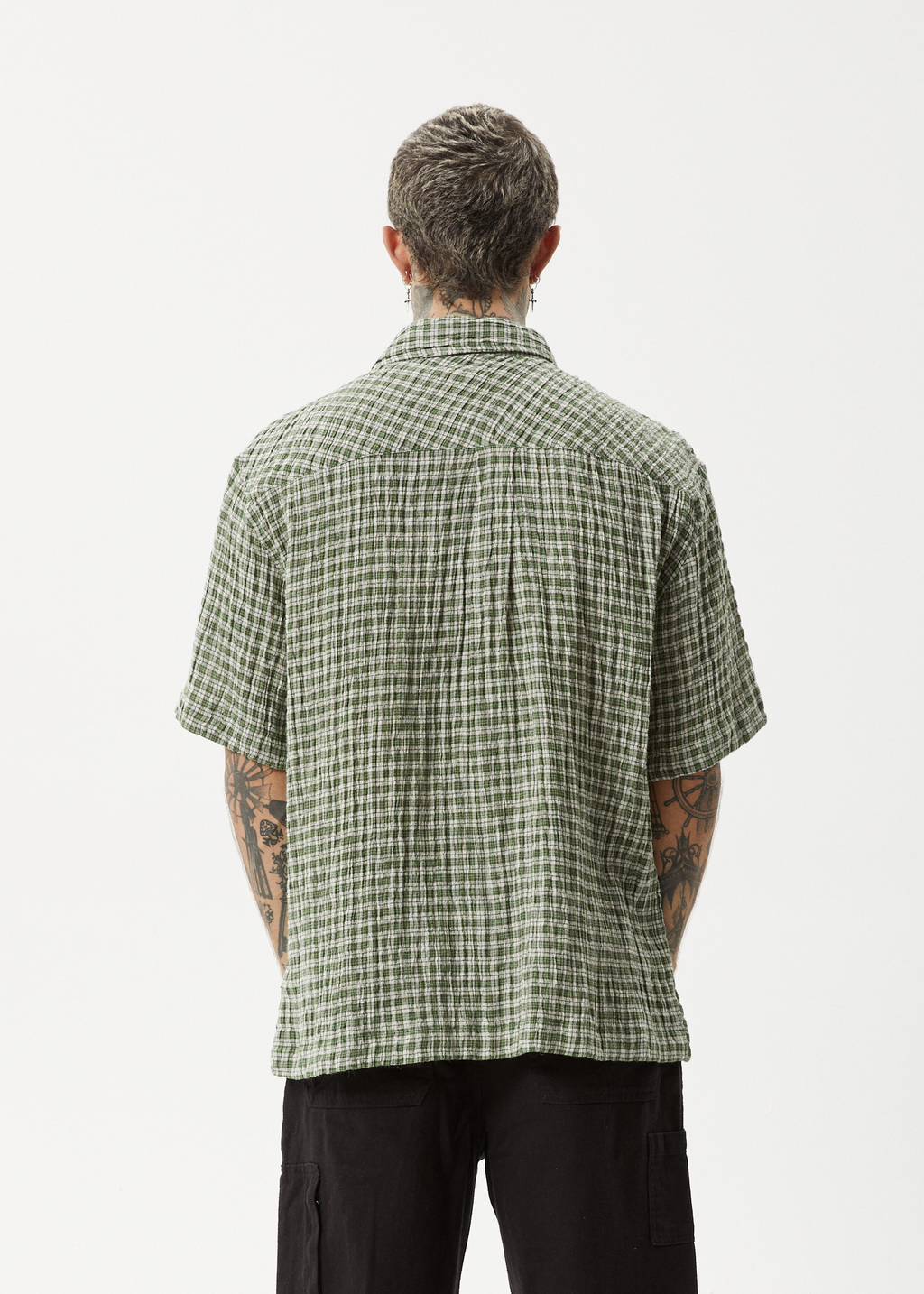 AFENDS Mens Base - Seersucker Short Sleeve Shirt - Deep Green Check