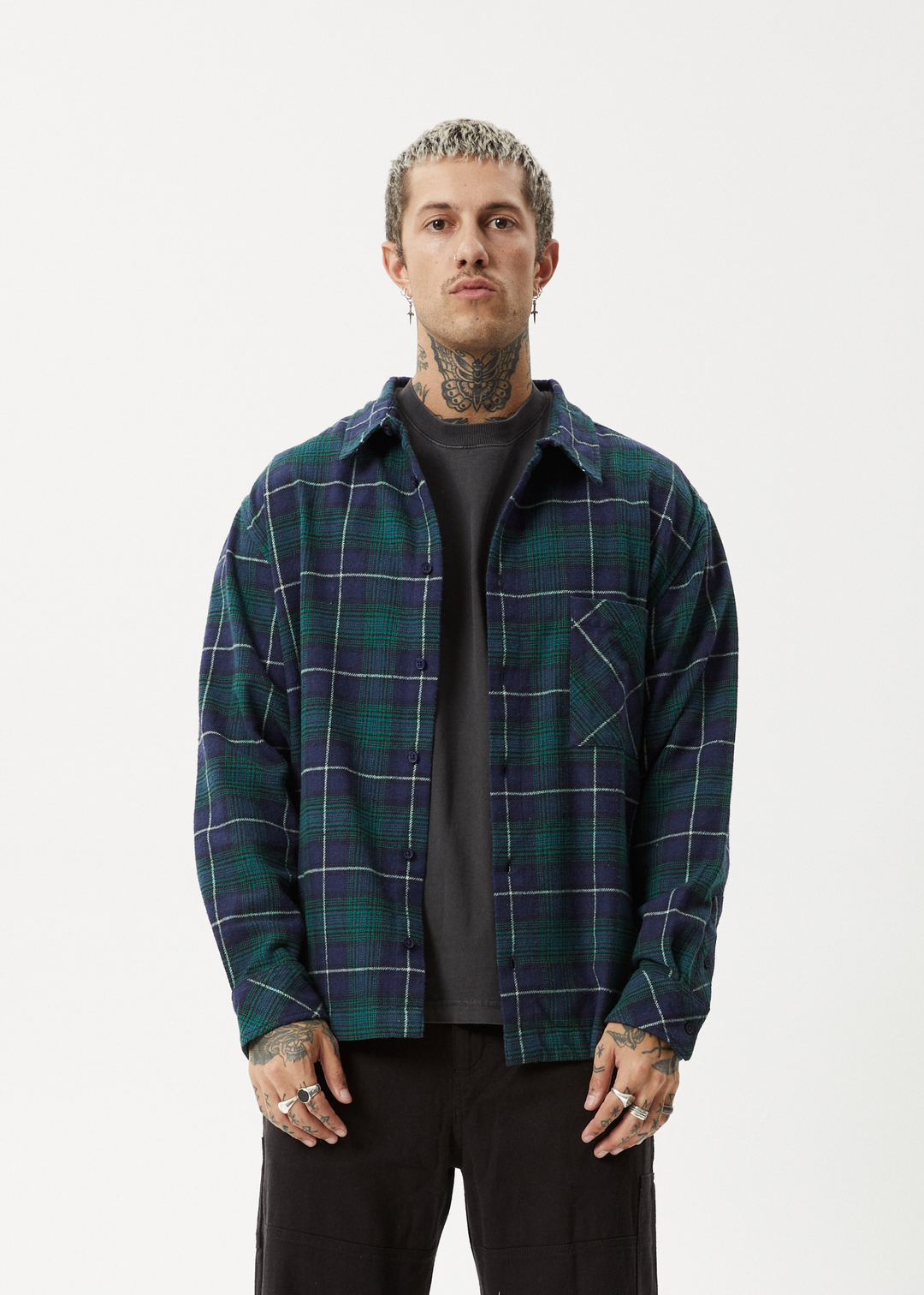 AFENDS Mens Questions - Flannel Shirt - Navy 