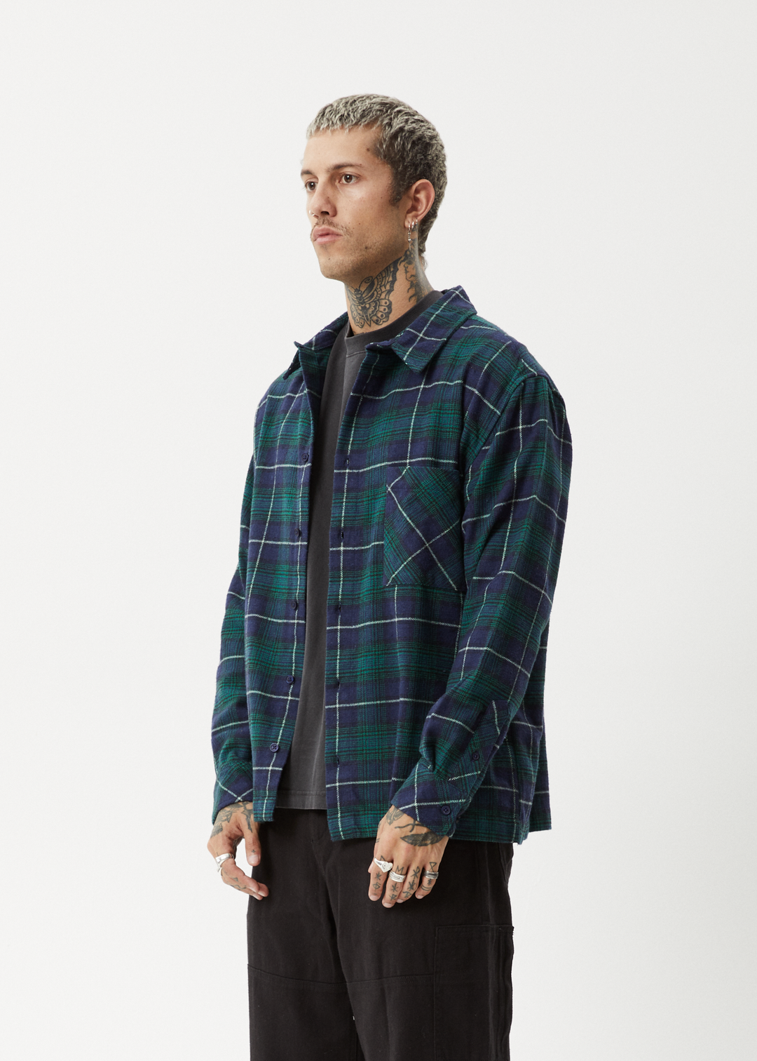 AFENDS Mens Questions - Flannel Shirt - Navy 