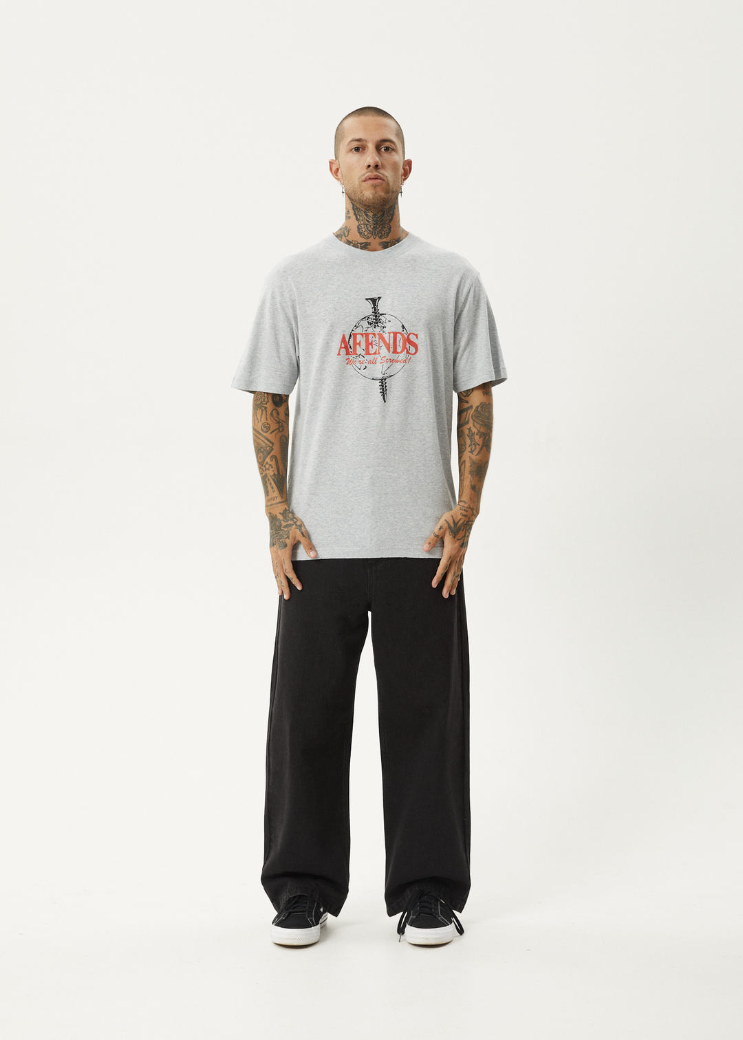 AFENDS Mens Screwed - Retro Fit Tee - Shadow Grey Marle 