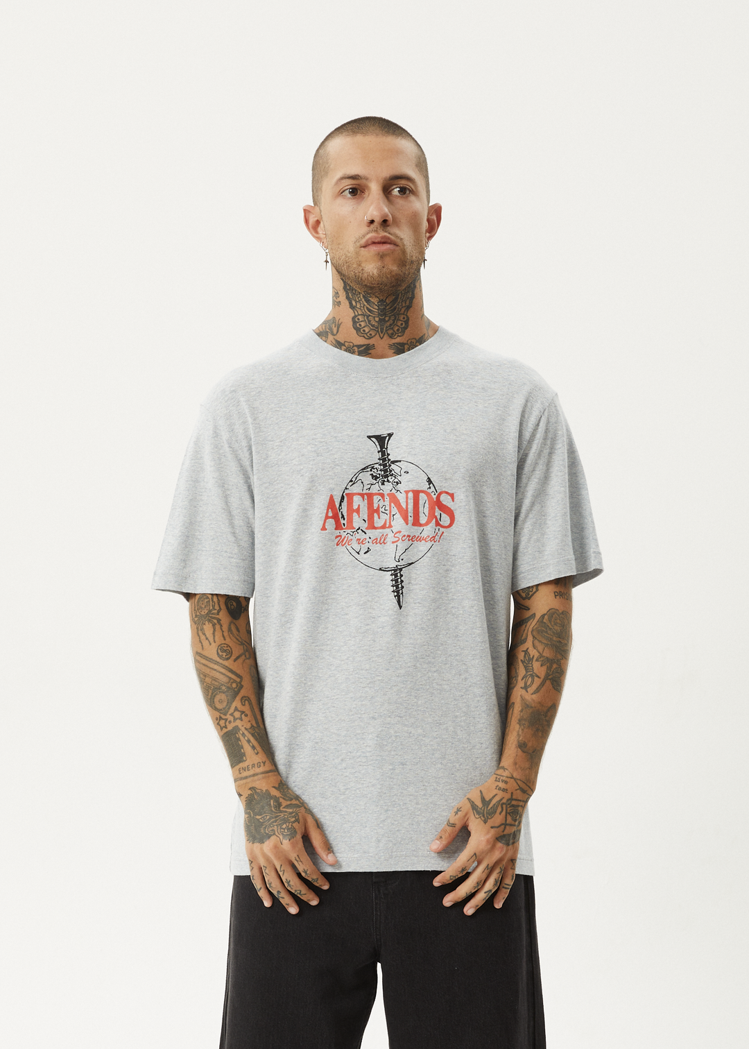 AFENDS Mens Screwed - Retro Fit Tee - Shadow Grey Marle 