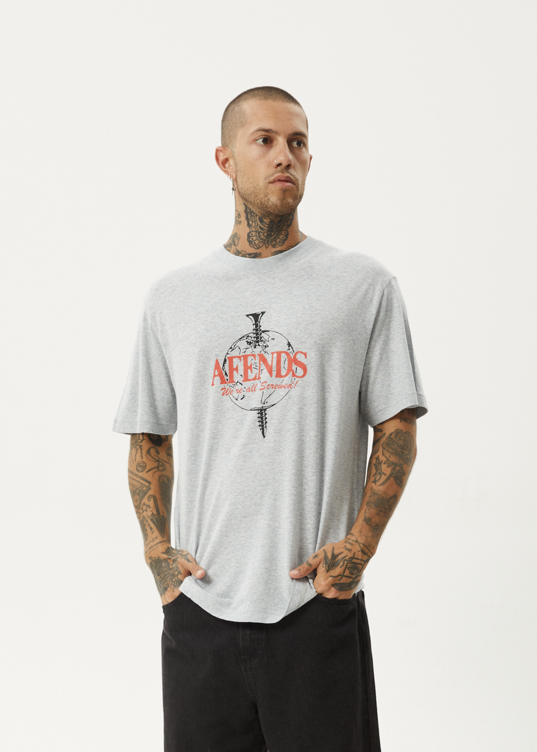 AFENDS Mens Screwed - Retro Fit Tee - Shadow Grey Marle 