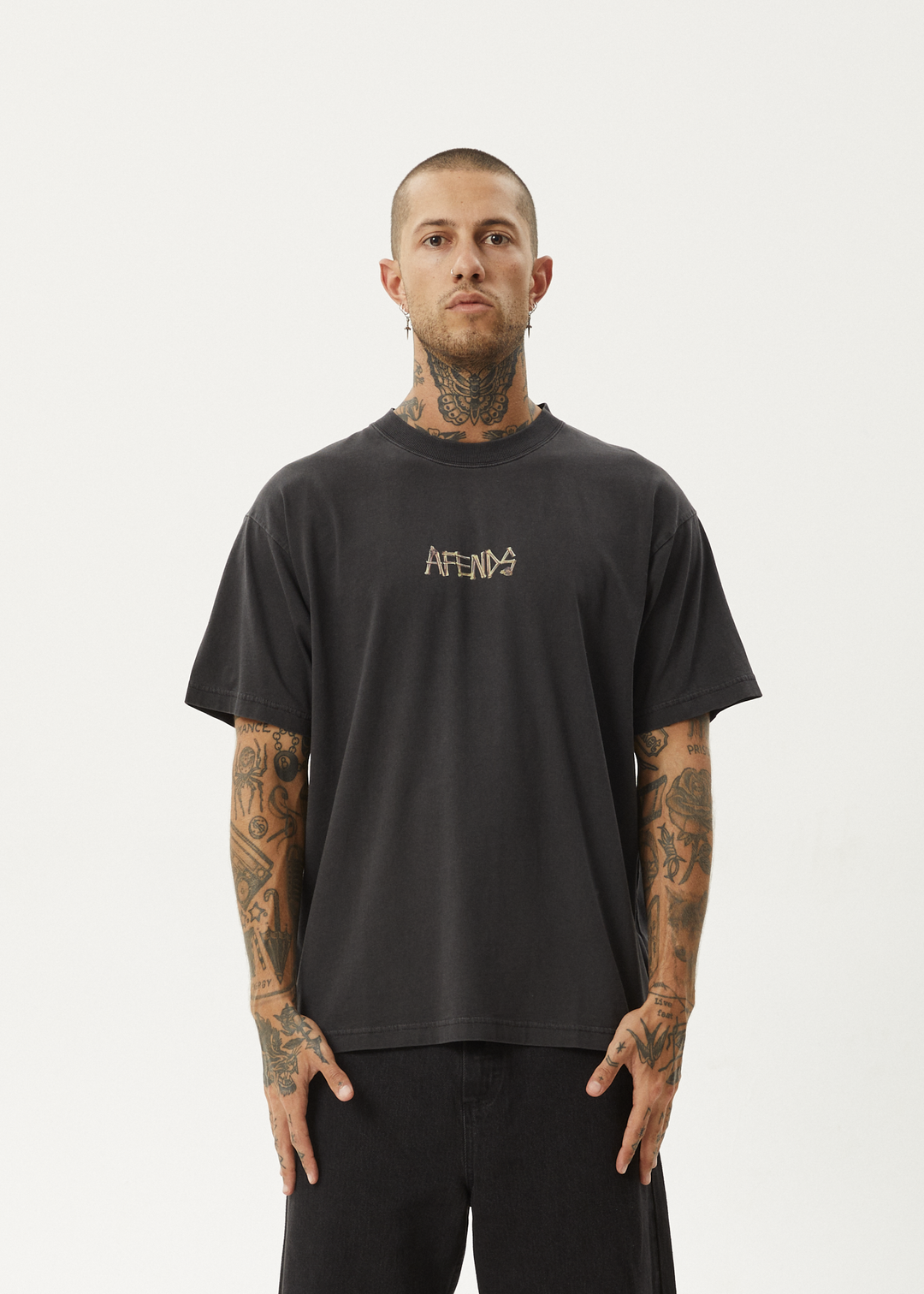 AFENDS Mens Crashed Out - Boxy Fit Tee - Stone Black 