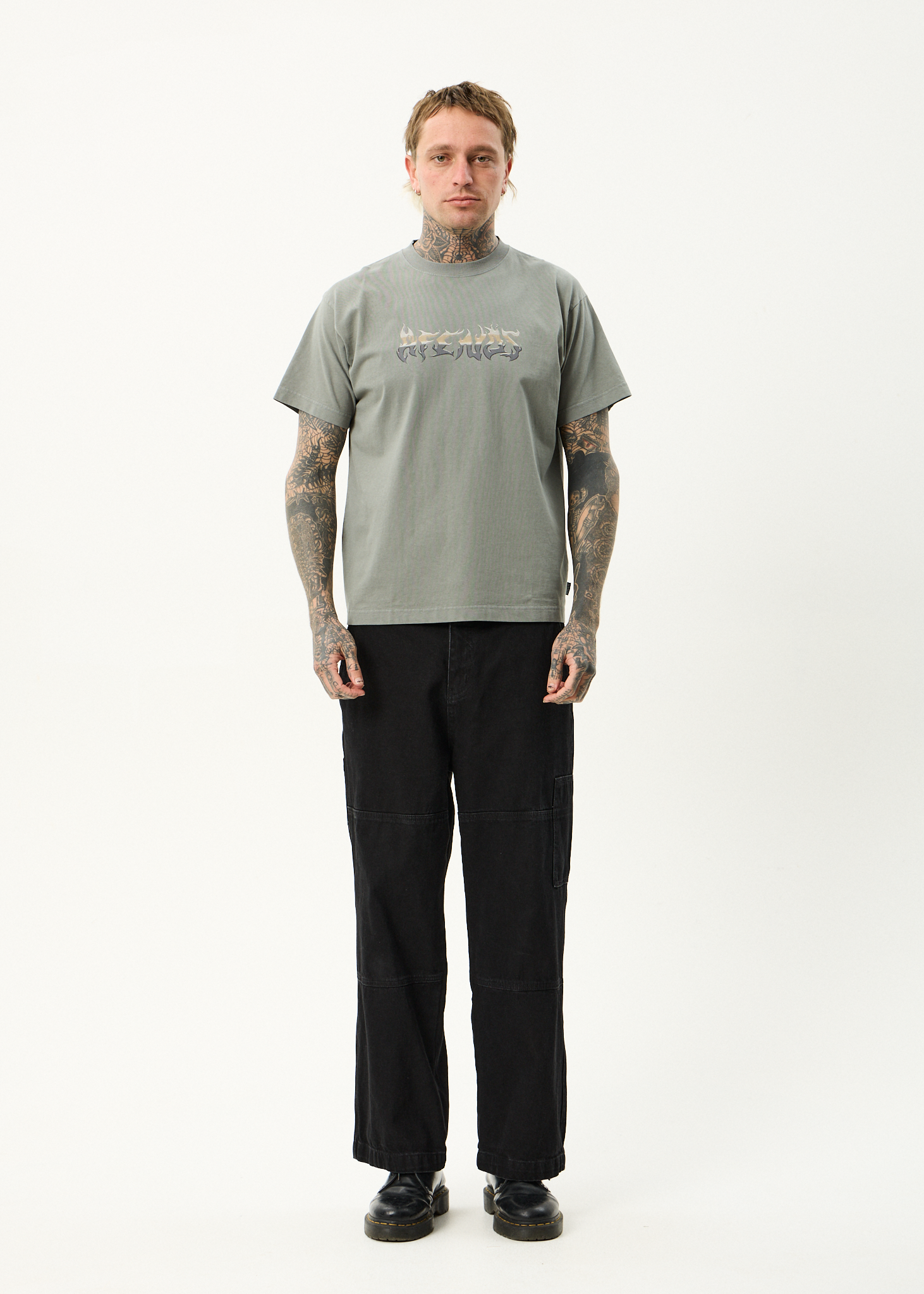AFENDS Mens Scorched - Heavyweight Boxy Tee - Washed Sycamore