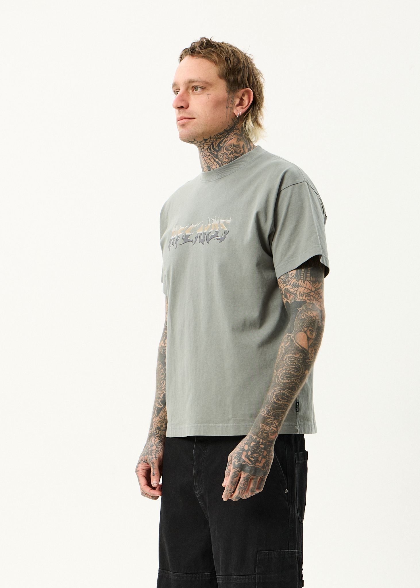AFENDS Mens Scorched - Heavyweight Boxy Tee - Washed Sycamore