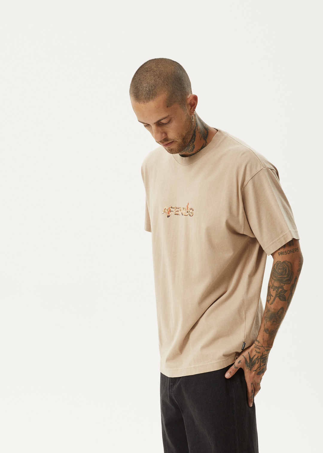 AFENDS Mens Age Old - Boxy Fit Tee - Taupe 