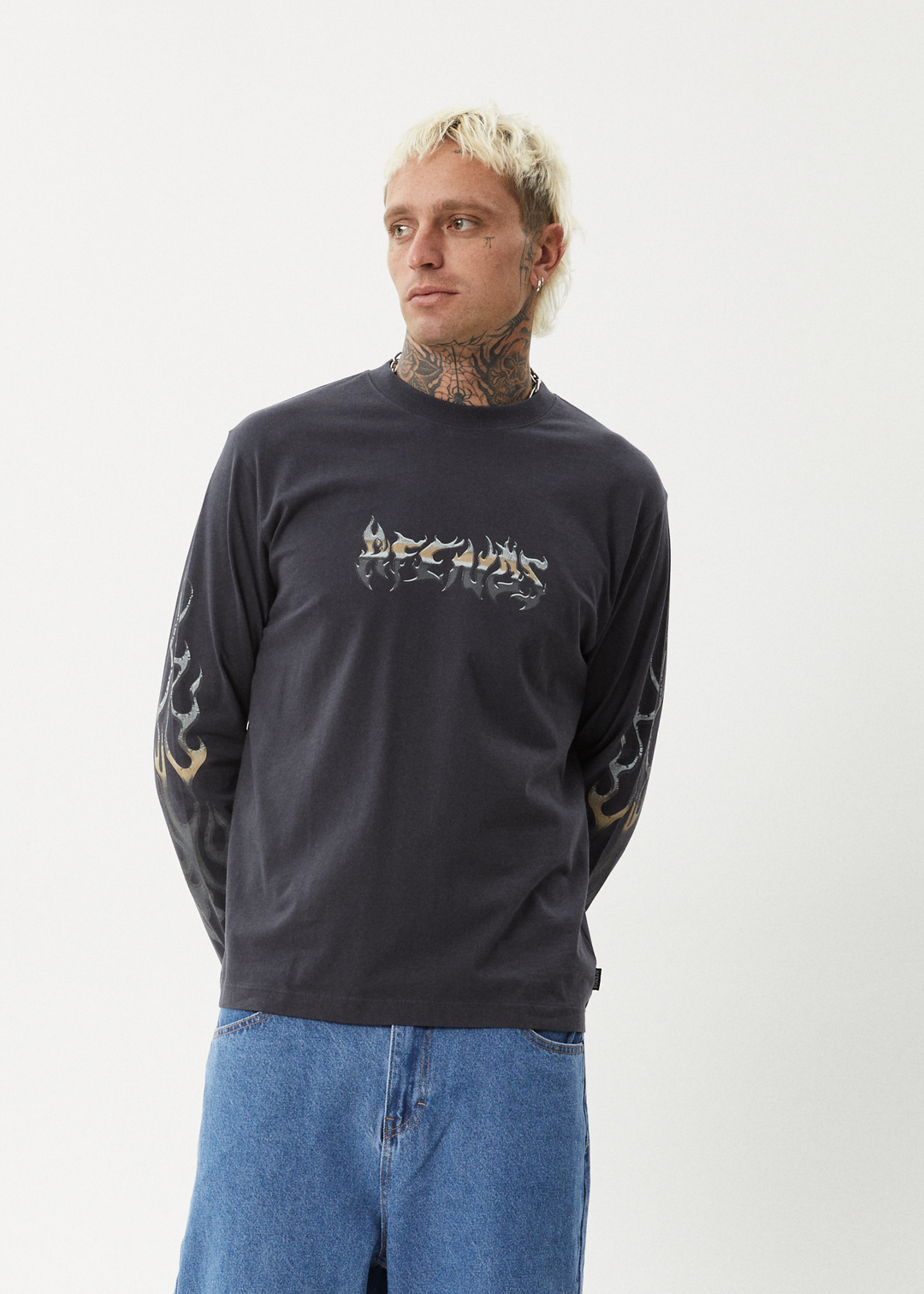 AFENDS Mens Scorched - Long Sleeve Tee - Charcoal 