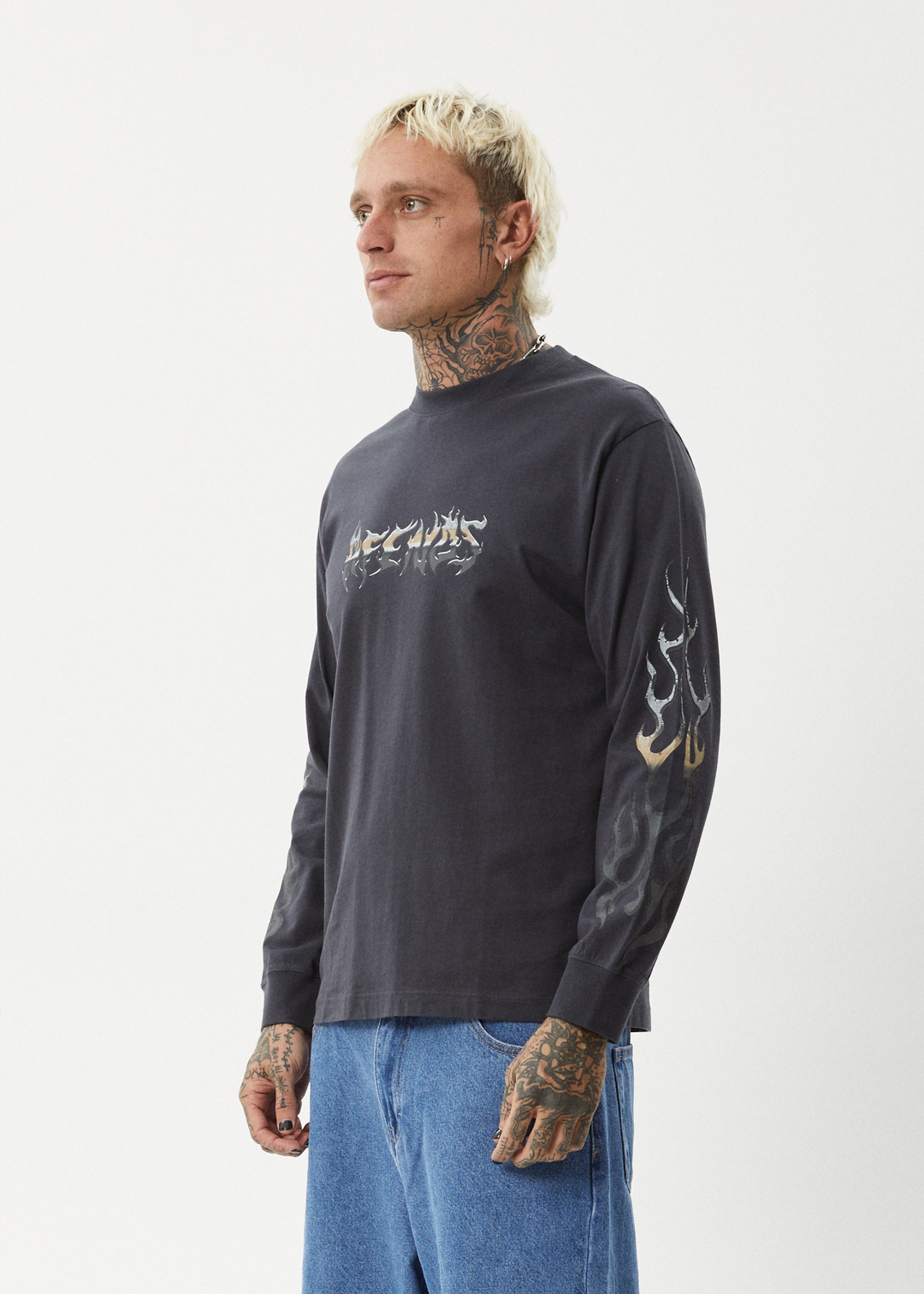 AFENDS Mens Scorched - Long Sleeve Tee - Charcoal 