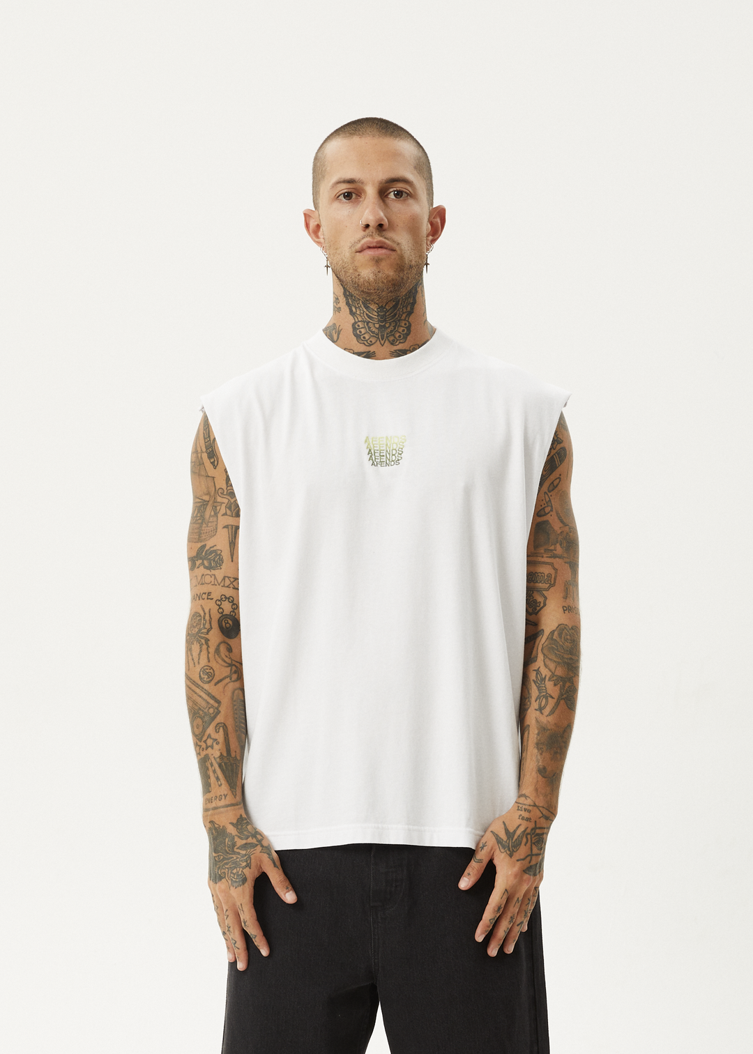 AFENDS Mens Repeat - Sleeveless Tee - White 