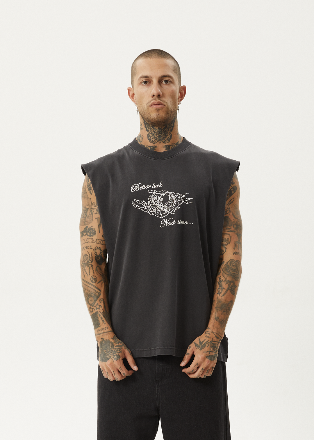 AFENDS Mens Bad Luck - Sleeveless Tee - Stone Black 