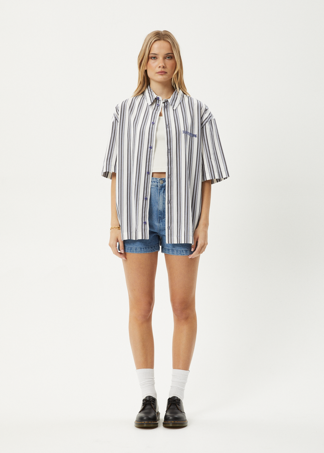 AFENDS Mens Lined Up - Short Sleeve Shirt - White Stripe 