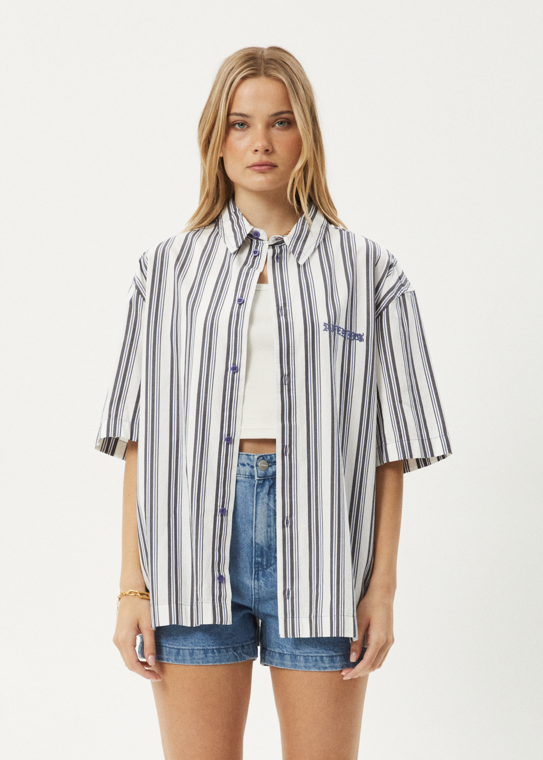 AFENDS Mens Lined Up - Short Sleeve Shirt - White Stripe 