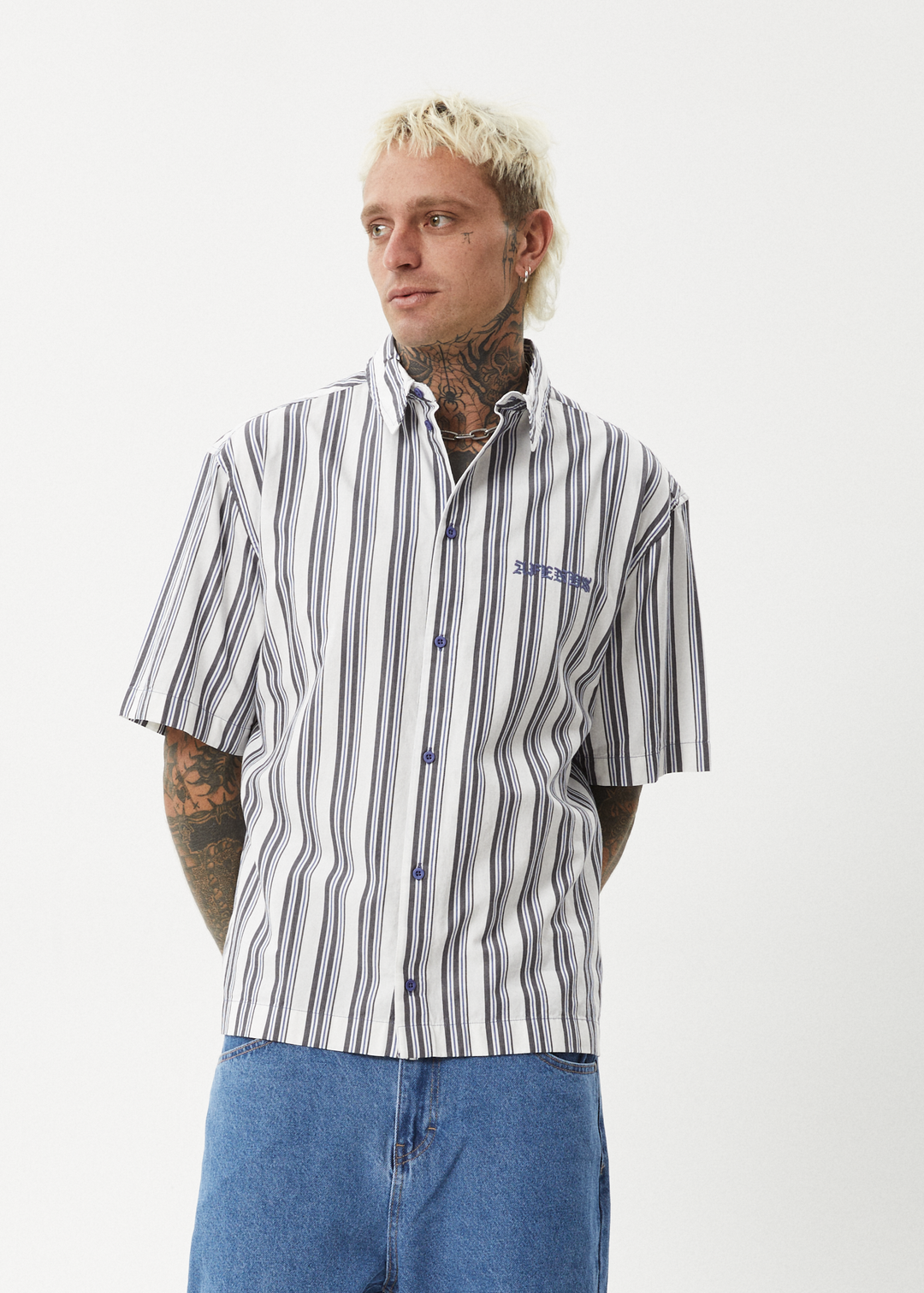 AFENDS Mens Lined Up - Short Sleeve Shirt - White Stripe 