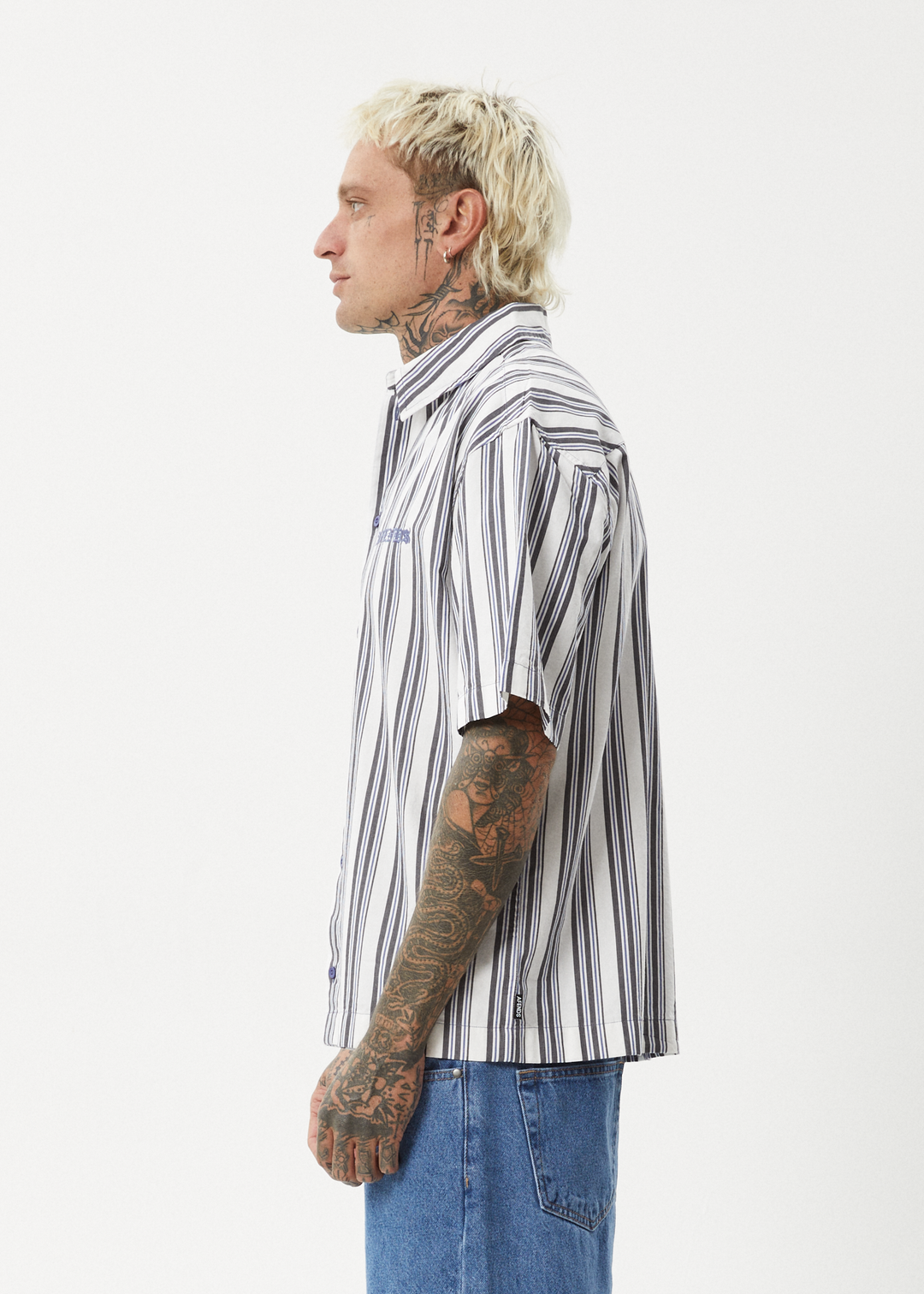 AFENDS Mens Lined Up - Short Sleeve Shirt - White Stripe 