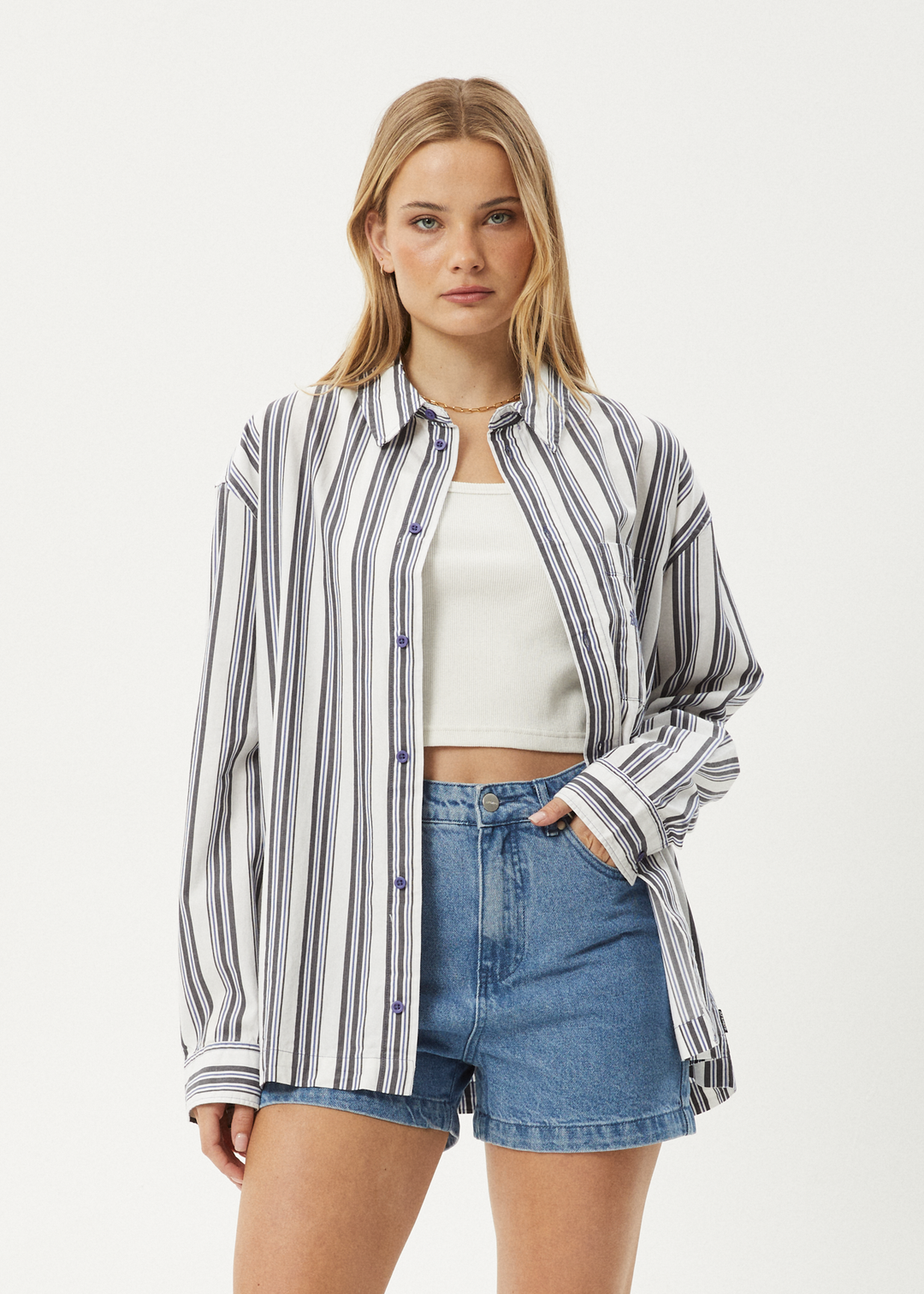 AFENDS Mens Lined Up - Long Sleeve Shirt - White Stripe 