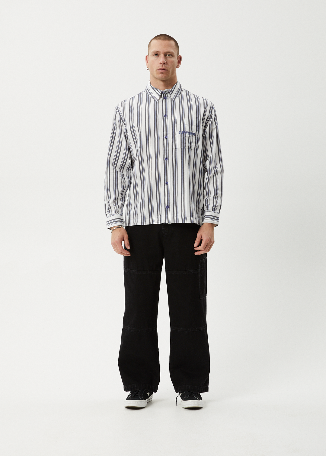 AFENDS Mens Lined Up - Long Sleeve Shirt - White Stripe 