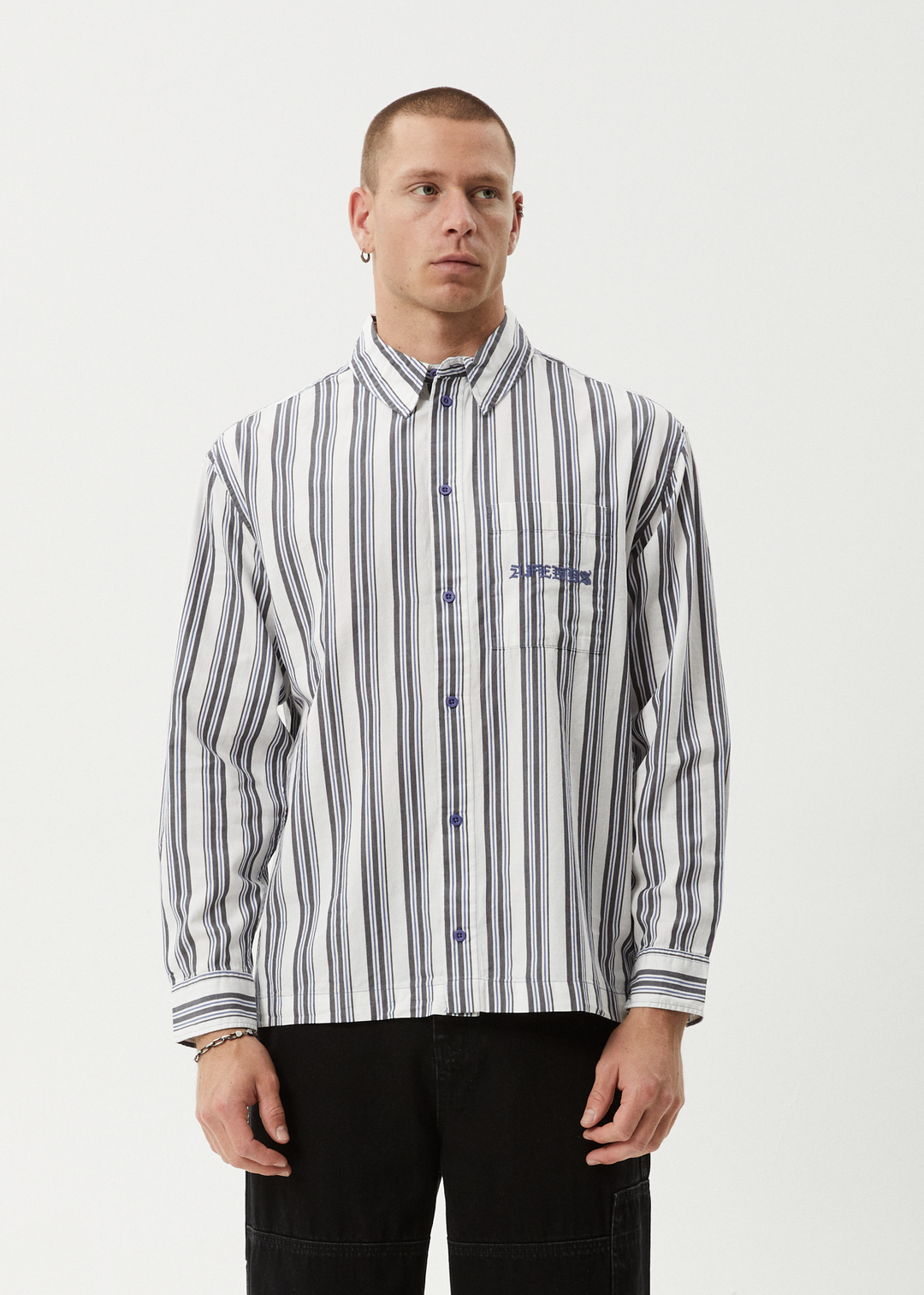 AFENDS Mens Lined Up - Long Sleeve Shirt - White Stripe 