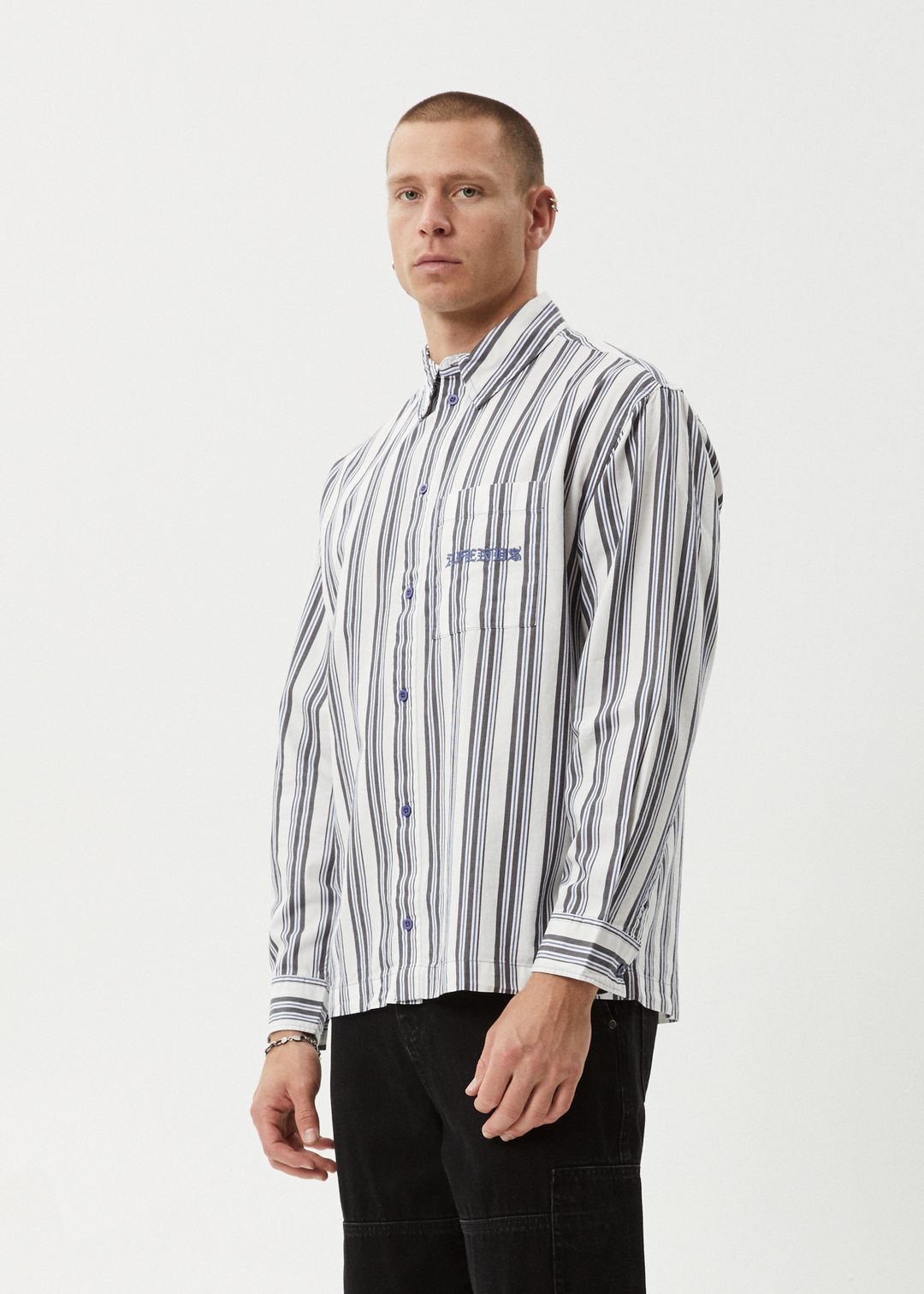 AFENDS Mens Lined Up - Long Sleeve Shirt - White Stripe 