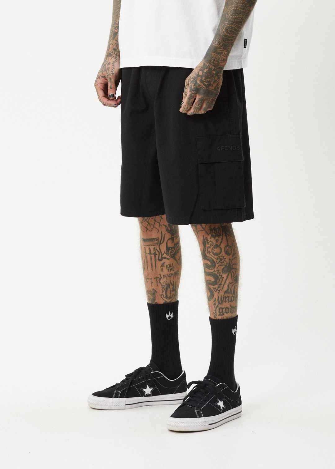 AFENDS Mens Ninety Eights Cargo - Oversized Cargo Short 20 Inch - Black 