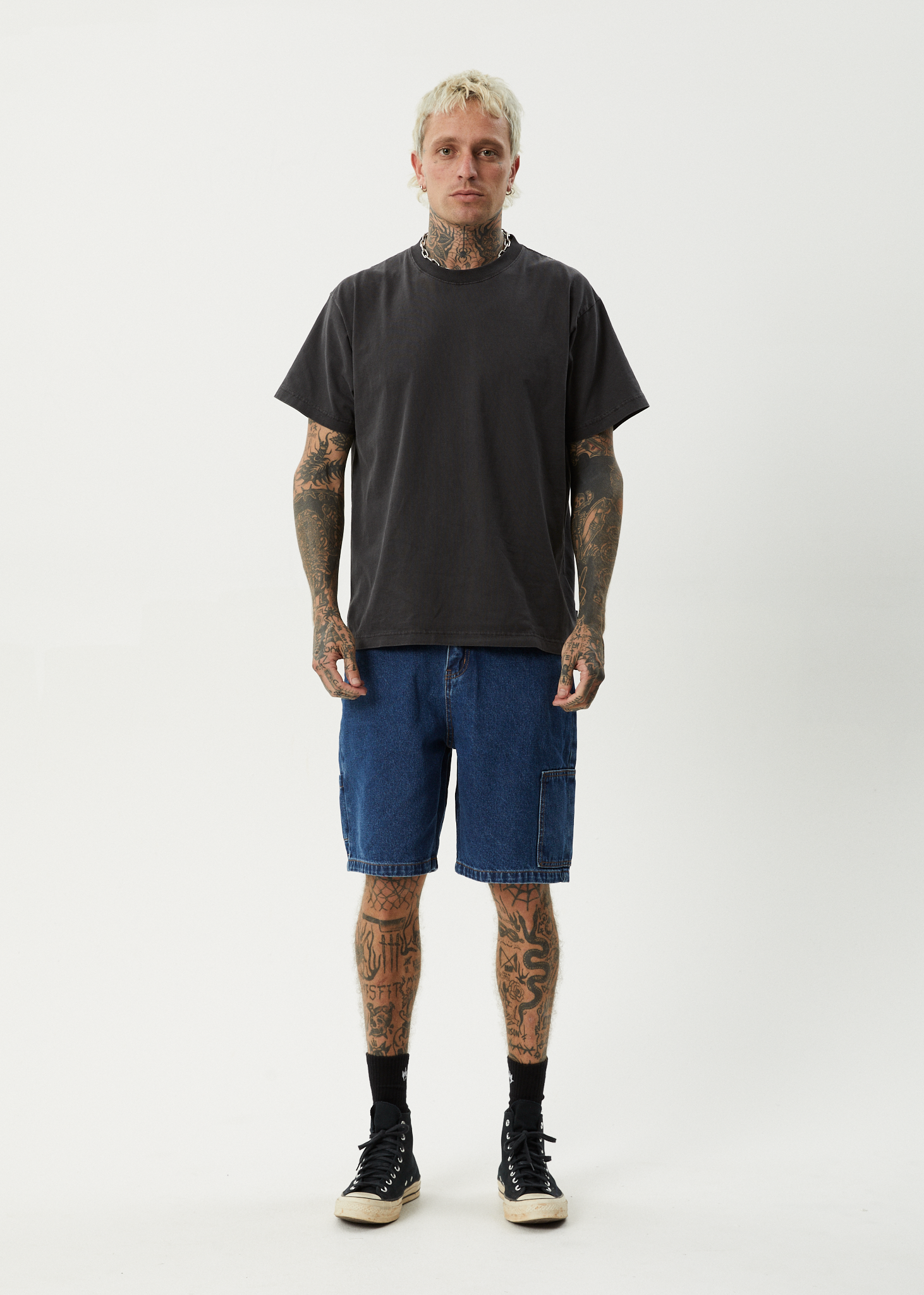 AFENDS Mens Scorched Harper - Denim Baggy Workwear Short 22" - Authentic Blue