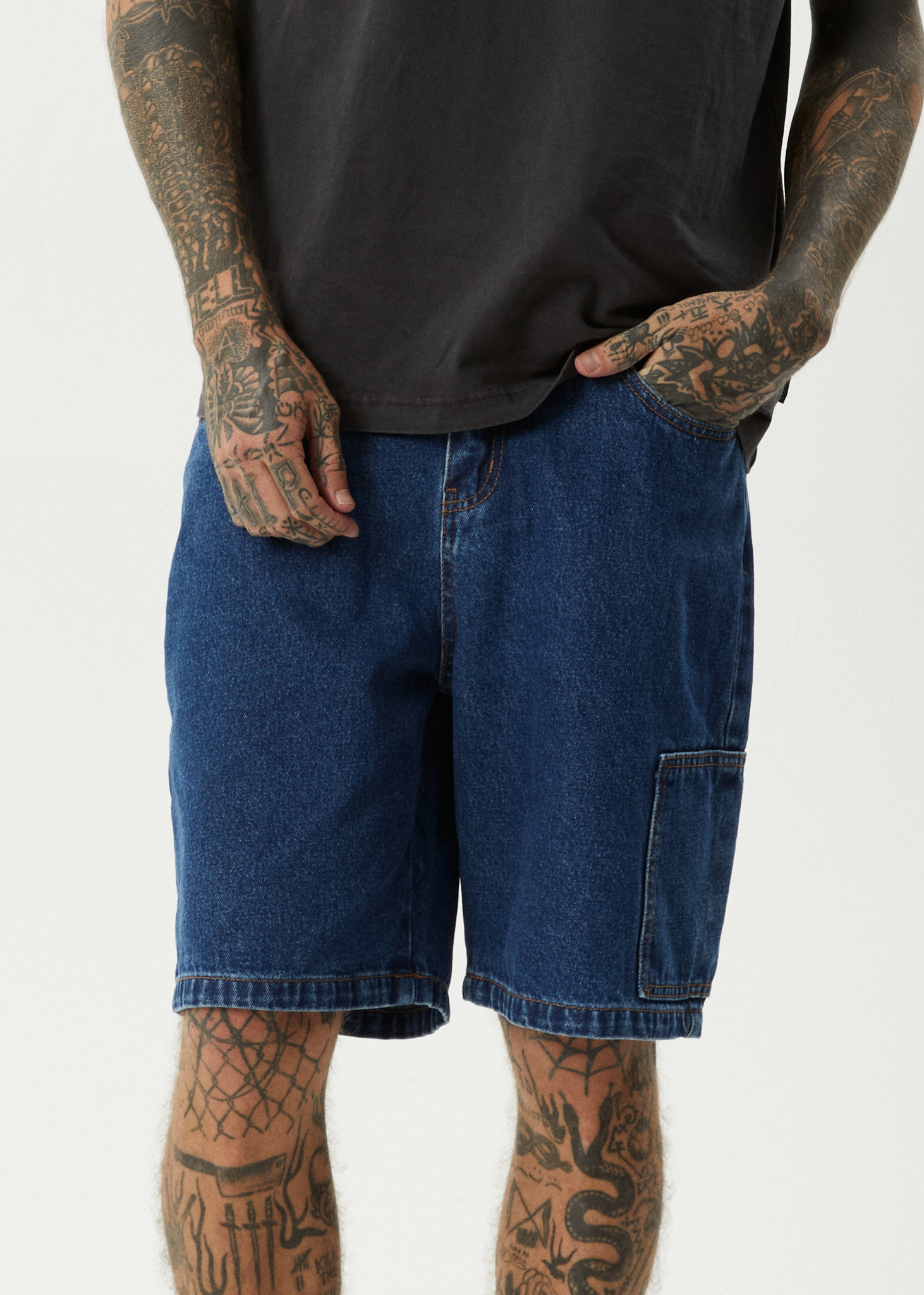 AFENDS Mens Scorched Harper - Denim Baggy Workwear Short 22" - Authentic Blue
