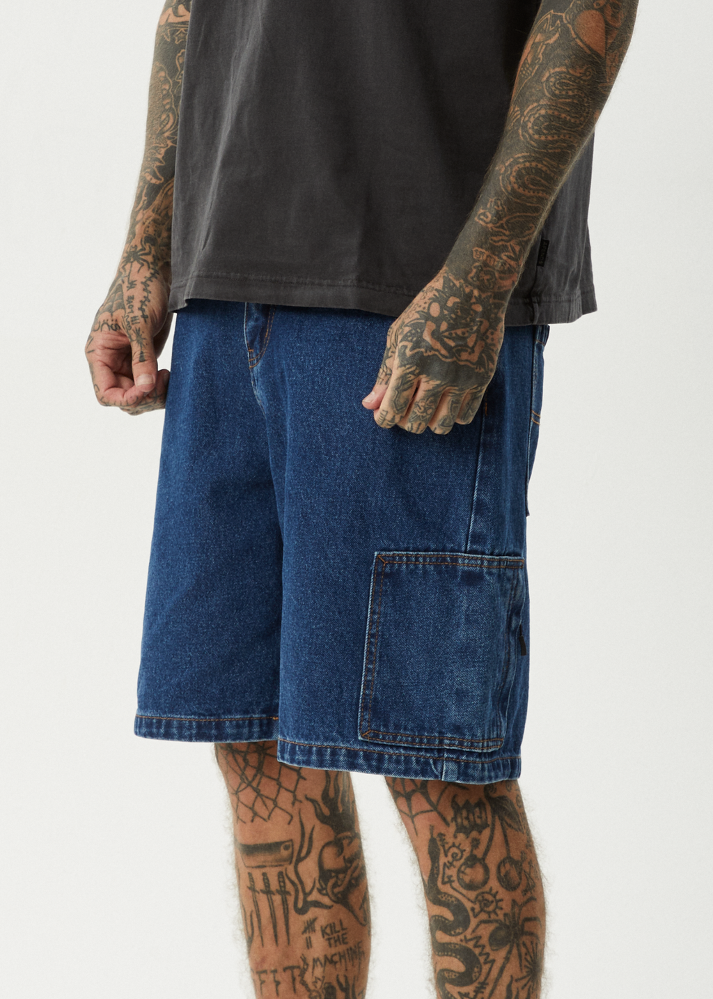 AFENDS Mens Scorched Harper - Denim Baggy Workwear Short 22" - Authentic Blue