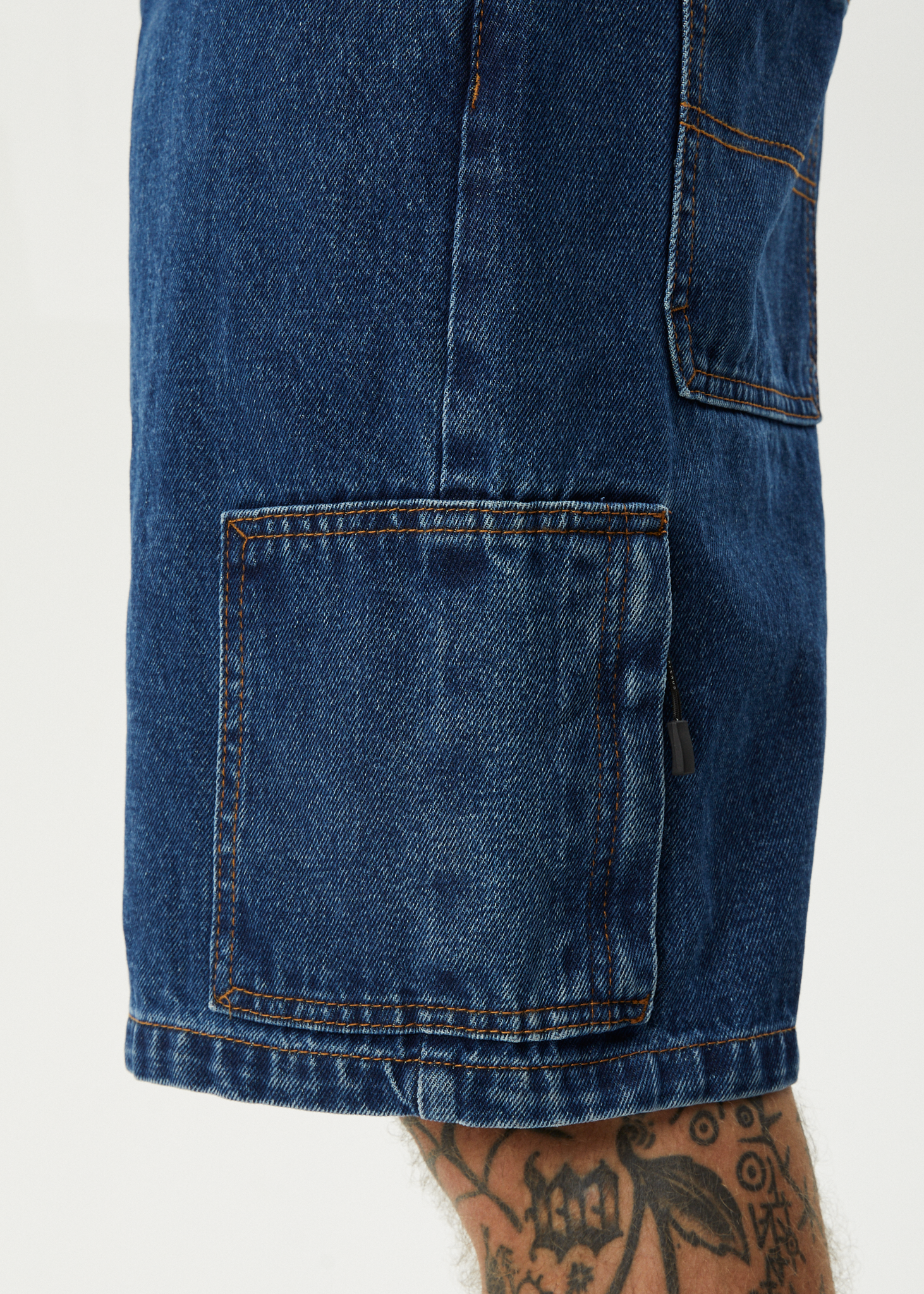 AFENDS Mens Scorched Harper - Denim Baggy Workwear Short 22" - Authentic Blue