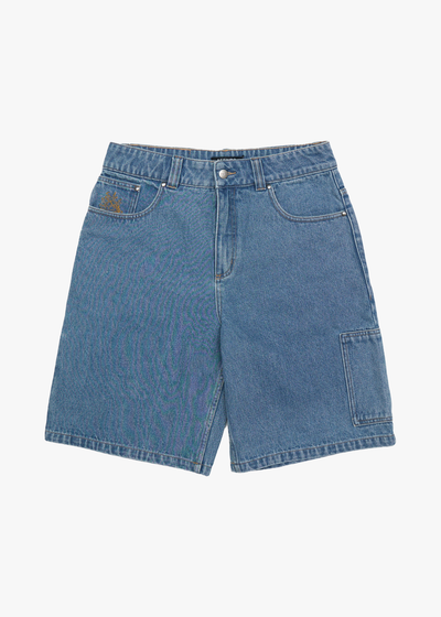 AFENDS Mens Scorched Harper - Denim Baggy Workwear Short 22" - Worn Blue