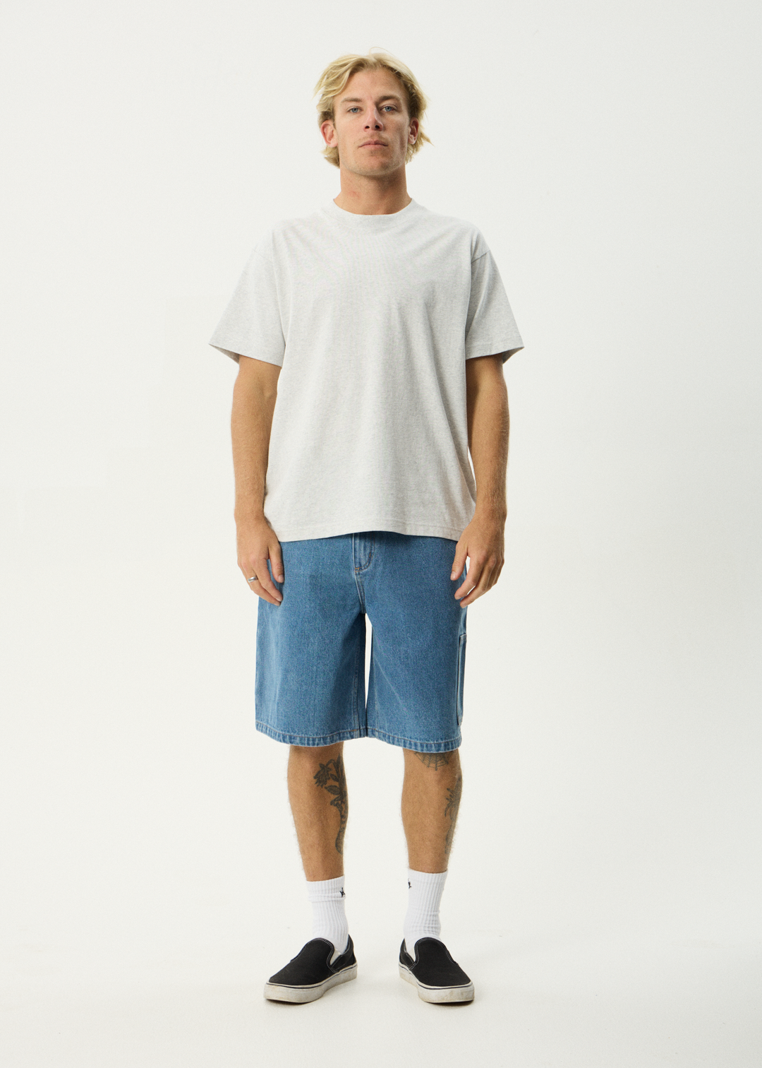 AFENDS Mens Scorched Harper - Denim Baggy Workwear Short 22" - Worn Blue