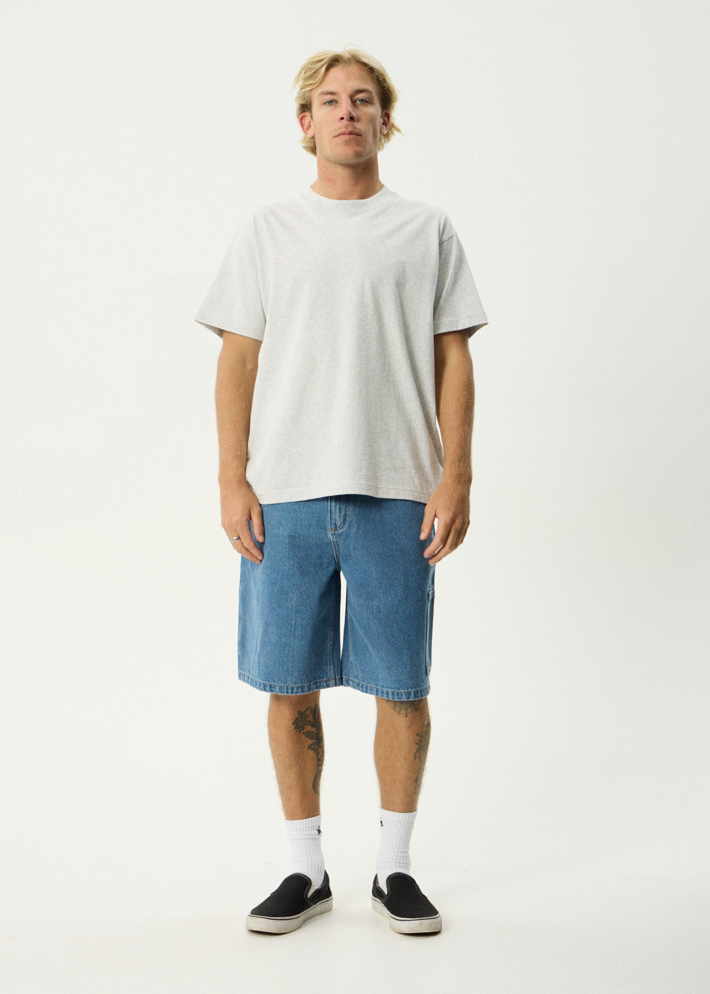 AFENDS Mens Scorched Harper - Denim Baggy Workwear Short 22" - Worn Blue