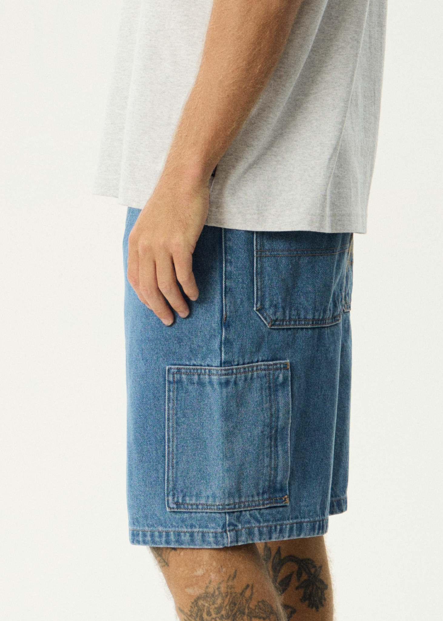 AFENDS Mens Scorched Harper - Denim Baggy Workwear Short 22" - Worn Blue