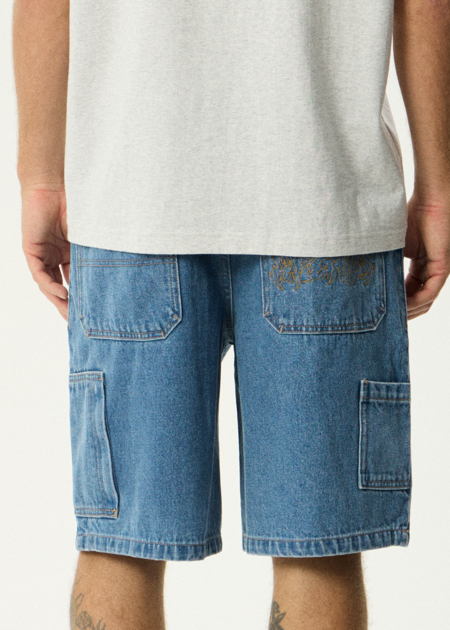 AFENDS Mens Scorched Harper - Denim Baggy Workwear Short 22" - Worn Blue