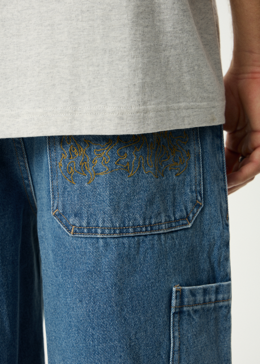 AFENDS Mens Scorched Harper - Denim Baggy Workwear Short 22" - Worn Blue