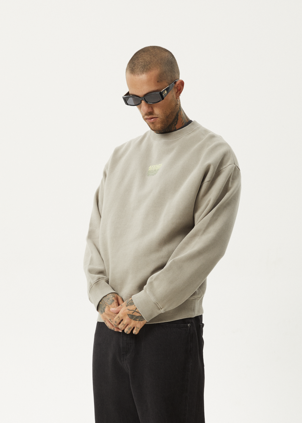 AFENDS Mens Repeat - Crew Neck Jumper - Olive