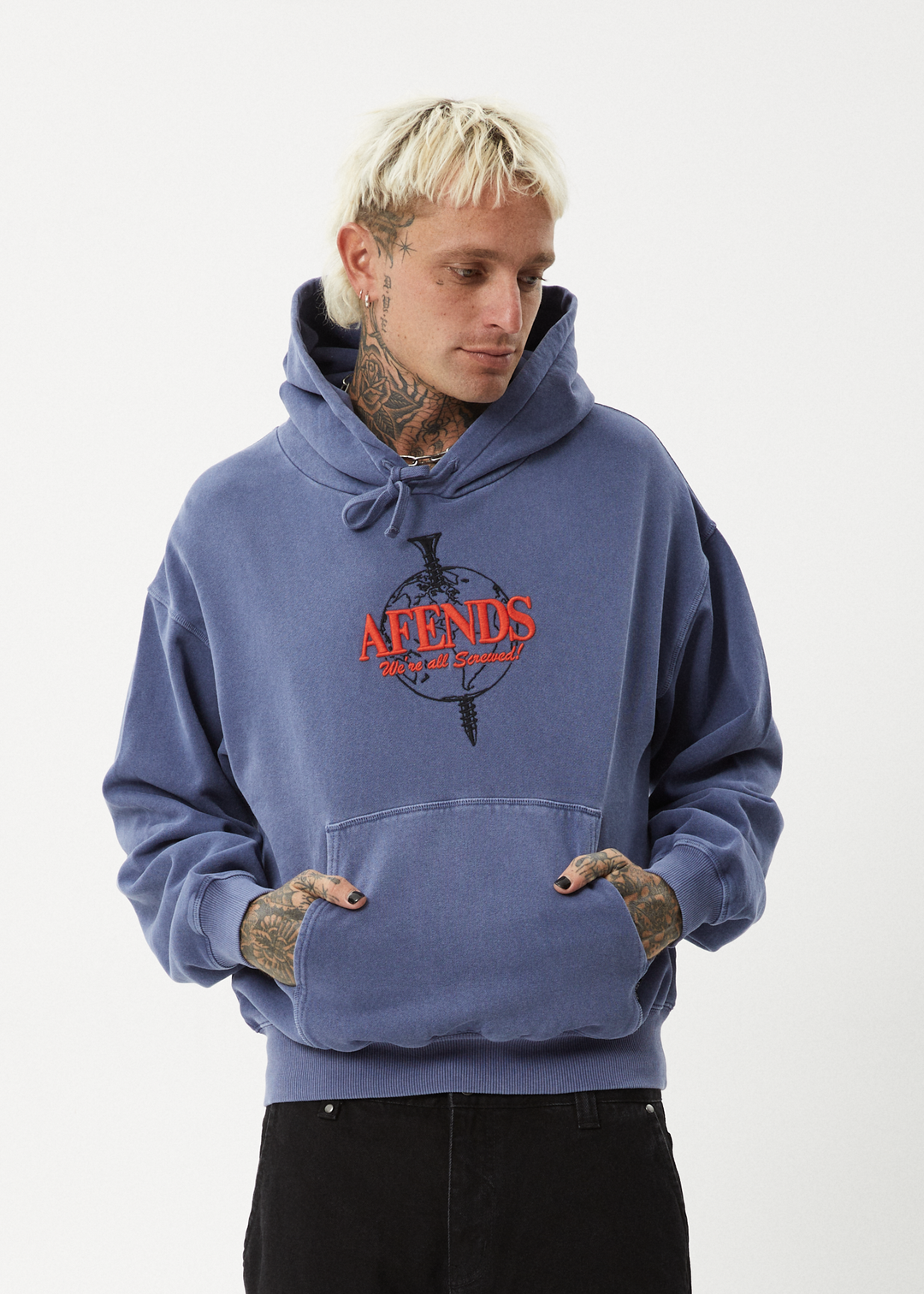 AFENDS Mens Screwed - Boxy Pull On Hood - Washed Marlin 