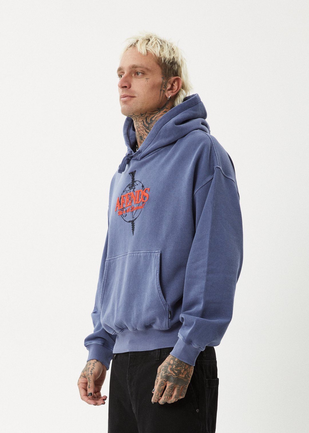 AFENDS Mens Screwed - Boxy Pull On Hood - Washed Marlin 