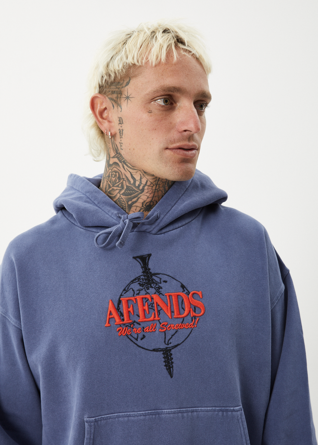 AFENDS Mens Screwed - Boxy Pull On Hood - Washed Marlin 