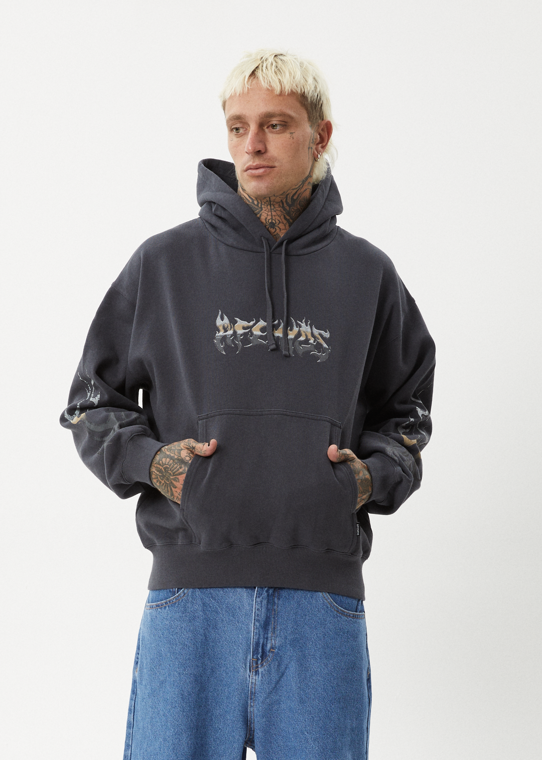 AFENDS Mens Scorched - Boxy Pull On Hood - Charcoal 