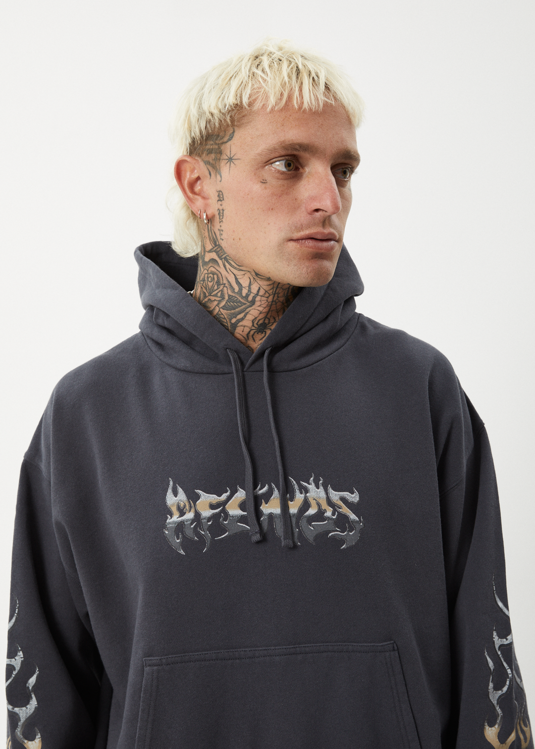 AFENDS Mens Scorched - Boxy Pull On Hood - Charcoal 