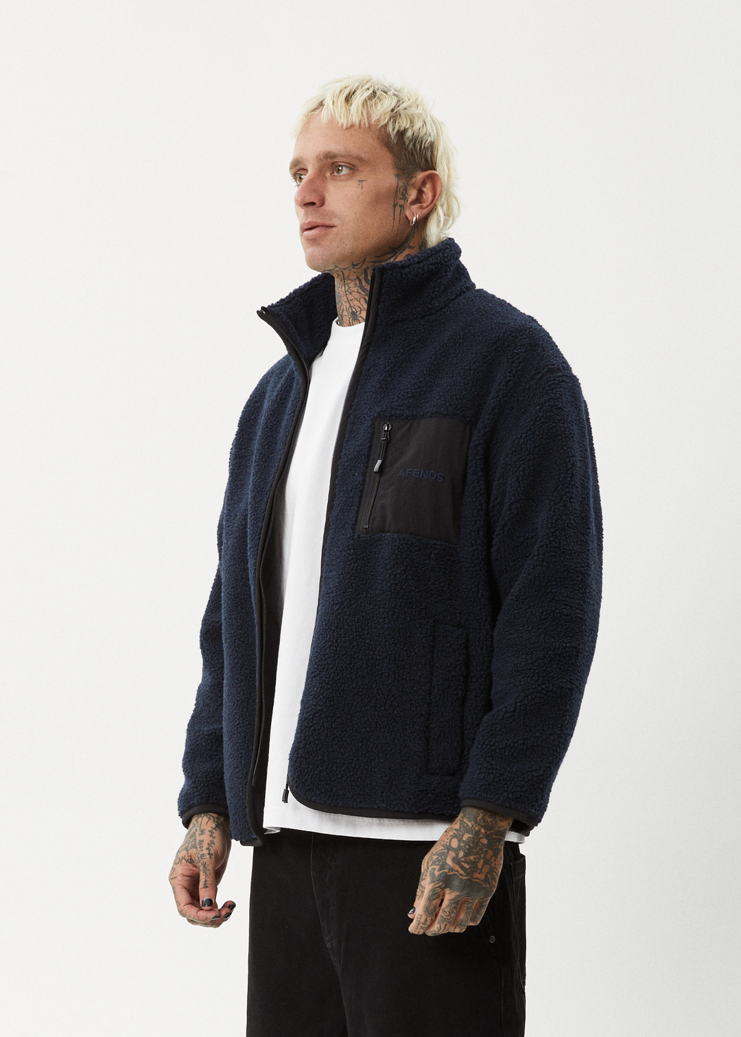 AFENDS Mens Polarize - Fleece Zip Up Jacket - Navy 