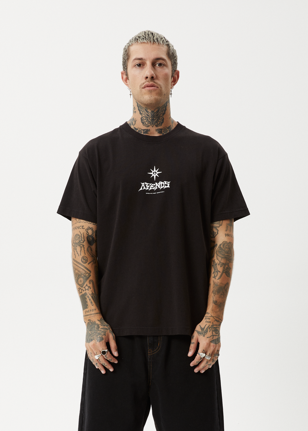 AFENDS Mens Peace Out - Boxy Fit Tee - Black 