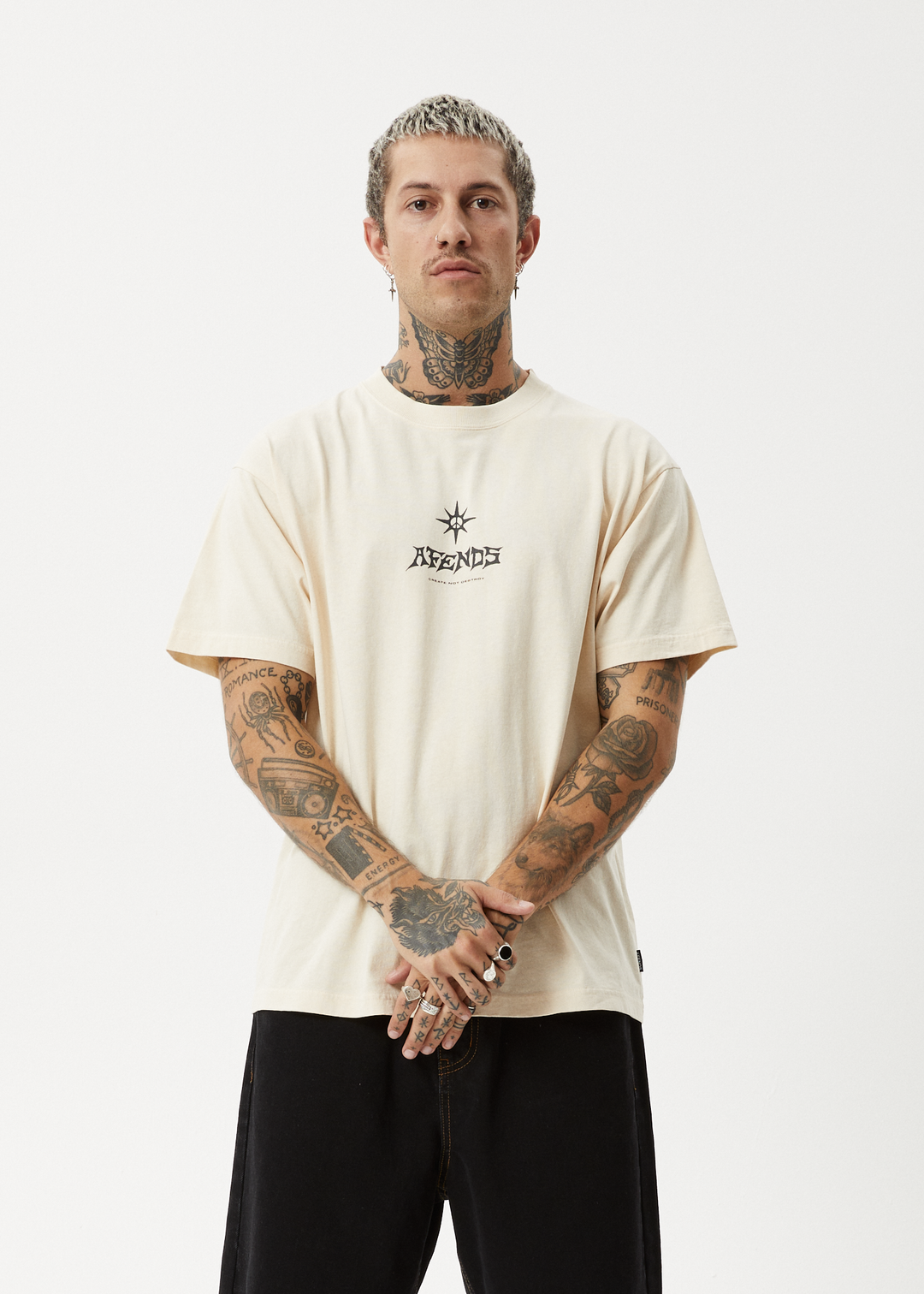 AFENDS Mens Peace Out - Boxy Fit Tee - Sand 