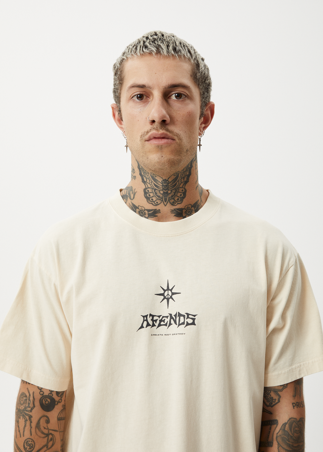 AFENDS Mens Peace Out - Boxy Fit Tee - Sand 