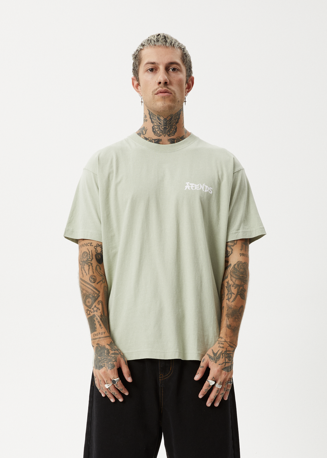 AFENDS Mens Destroyer - Boxy Fit Tee - Eucalyptus 