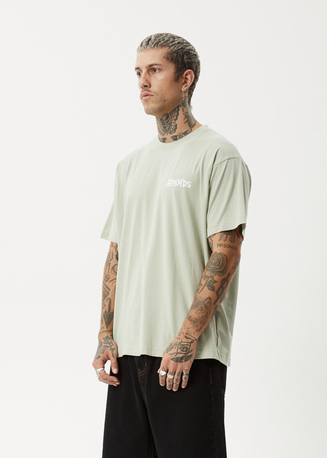 AFENDS Mens Destroyer - Boxy Fit Tee - Eucalyptus 