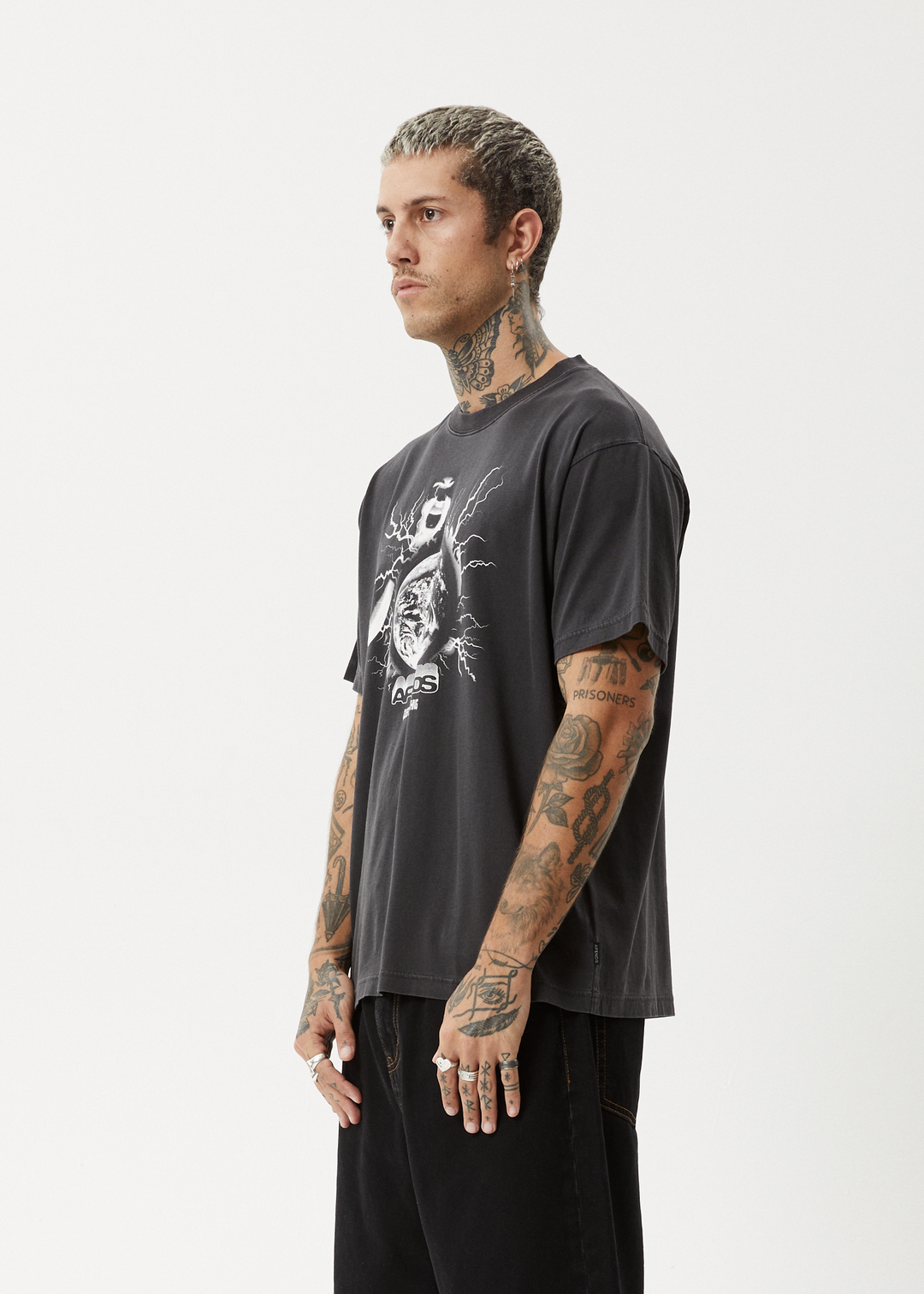 AFENDS Mens Doom Gen - Boxy Fit Tee - Stone Black 