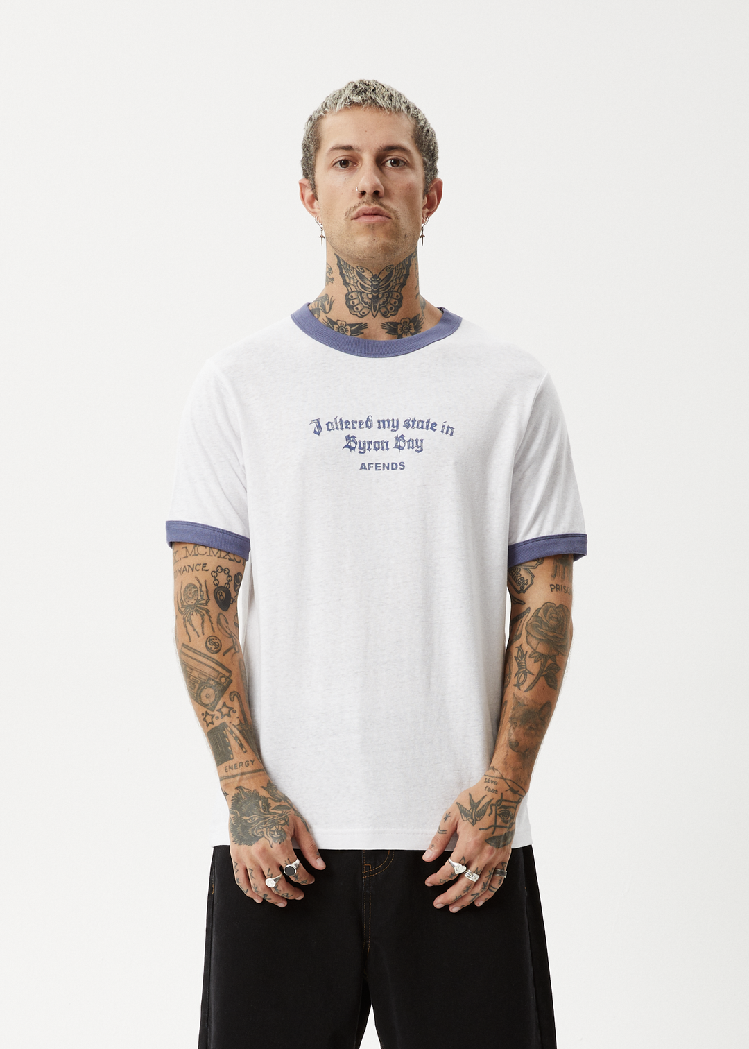 AFENDS Mens Byron Trip - Ringer Tee - White 