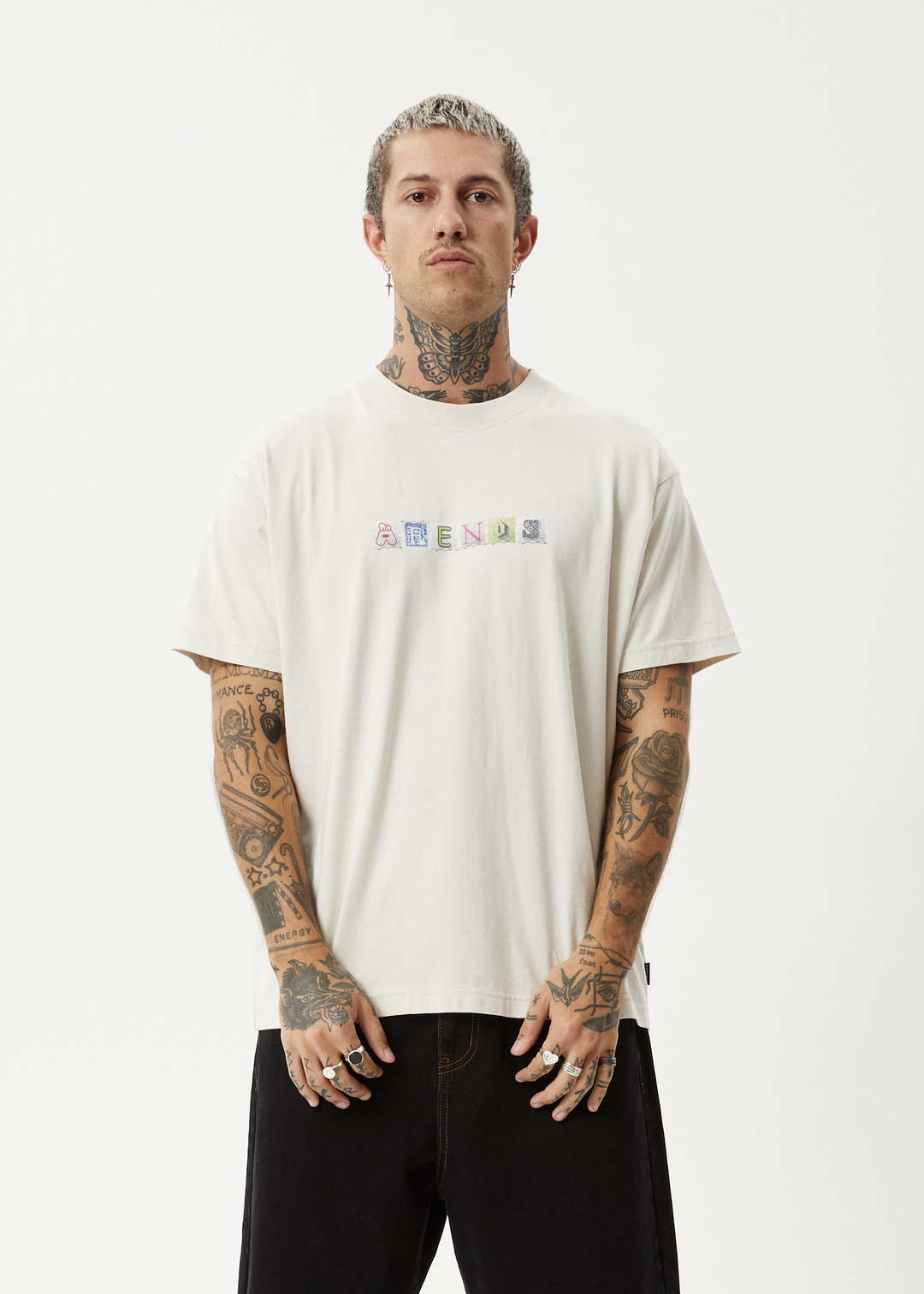 AFENDS Mens Take A Trip - Boxy Fit Tee - Moonbeam 